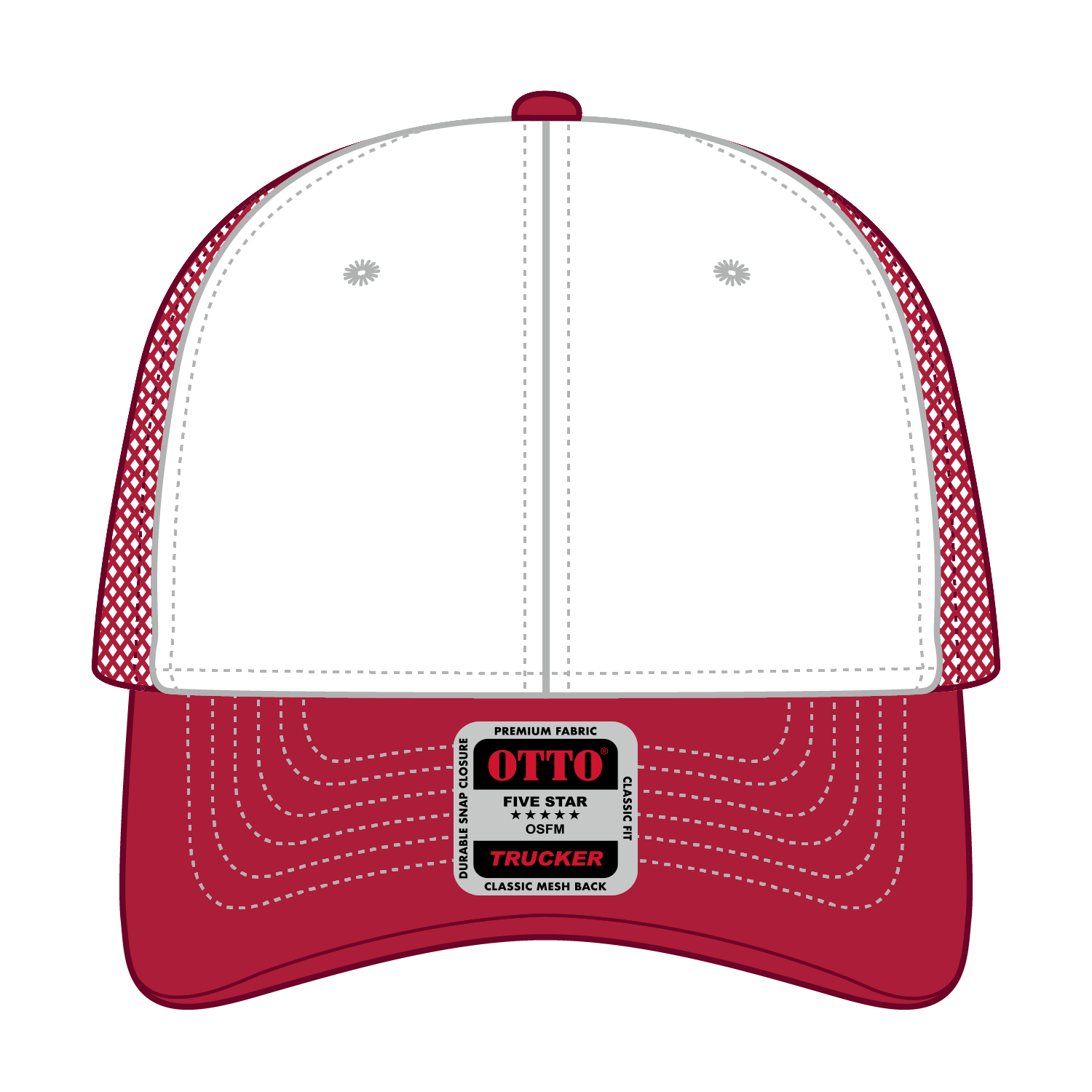 Front View of 021602 - Red/Wht/Red OTTO CAP 6 Panel Low Profile Mesh Back Trucker Hat