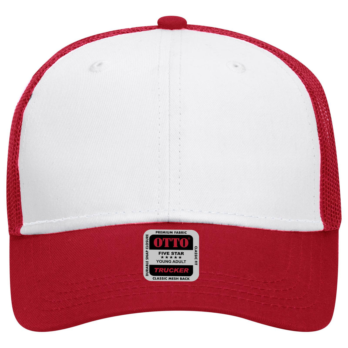 Front View of 021602 - Red/Wht/Red OTTO CAP 6 Panel Low Profile Mesh Back Trucker Hat