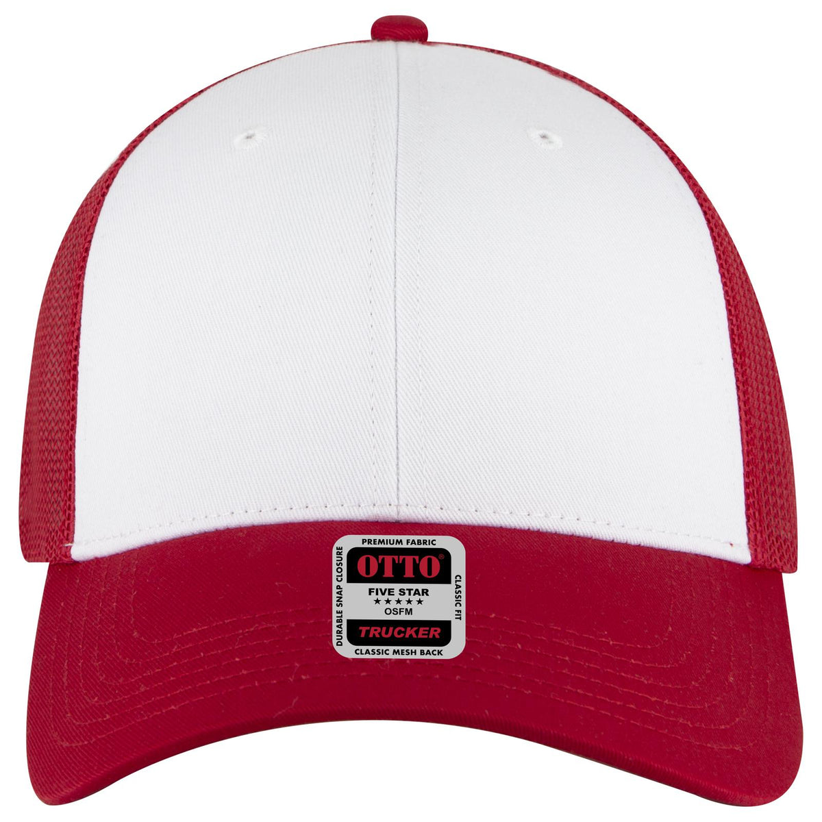 Front View of 021602 - Red/Wht/Red OTTO CAP 6 Panel Low Profile Mesh Back Trucker Hat