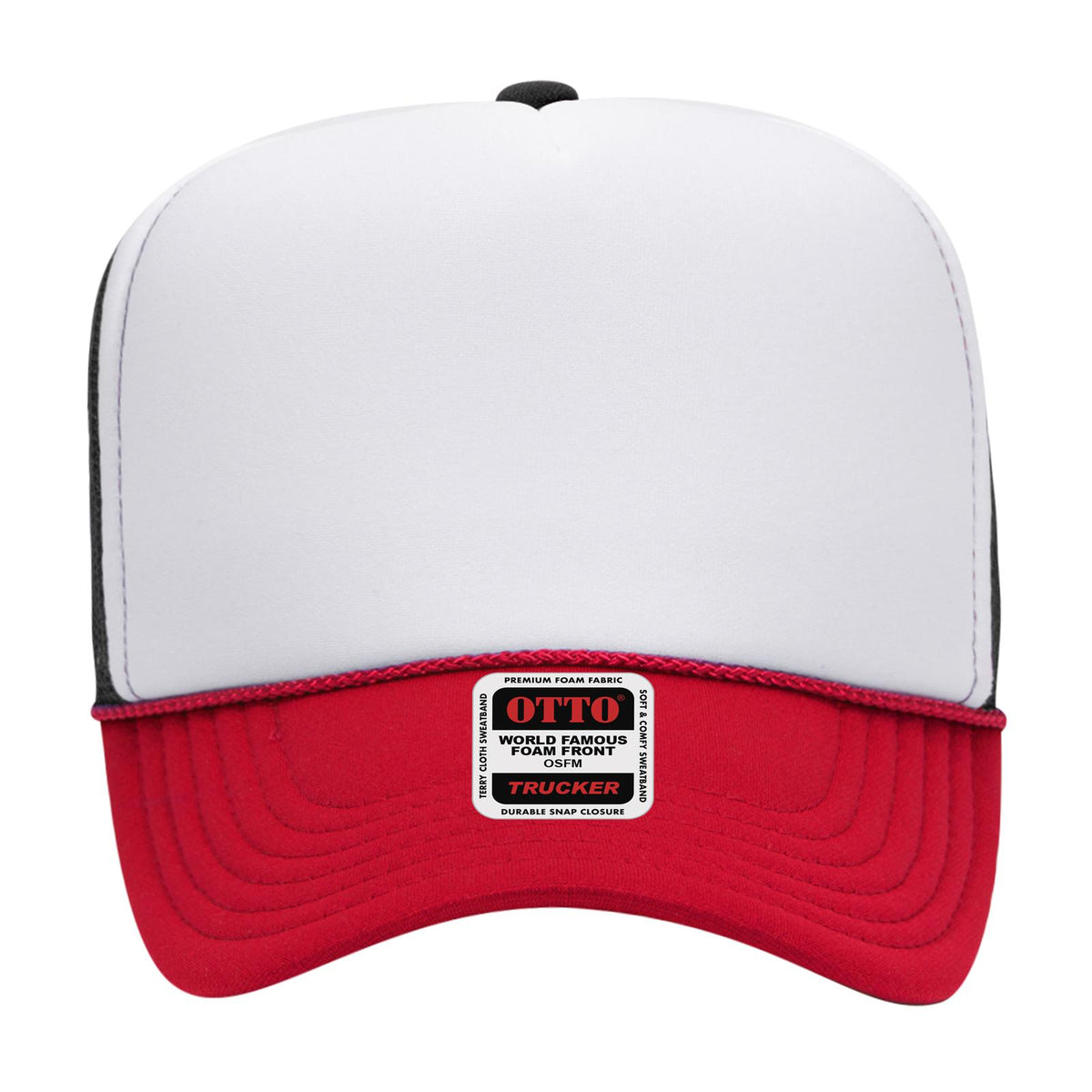 Front View of 021603 - Red/Wht/Blk OTTO CAP 5 Panel High Crown Mesh Back Trucker Hat