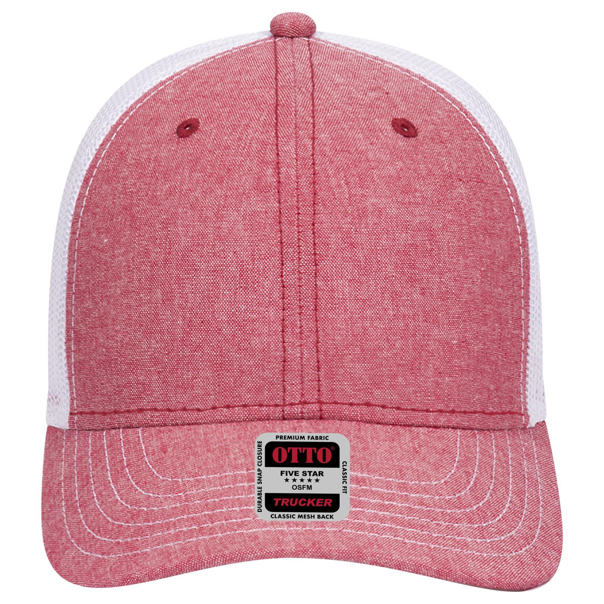 Front View of 0216X - Red/Wht OTTO CAP 6 Panel Low Profile Mesh Back Trucker Hat