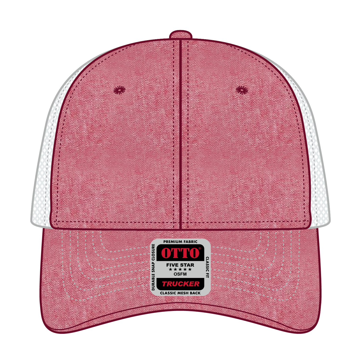 Front View of 0216X - Red/Wht OTTO CAP 6 Panel Low Profile Mesh Back Trucker Hat