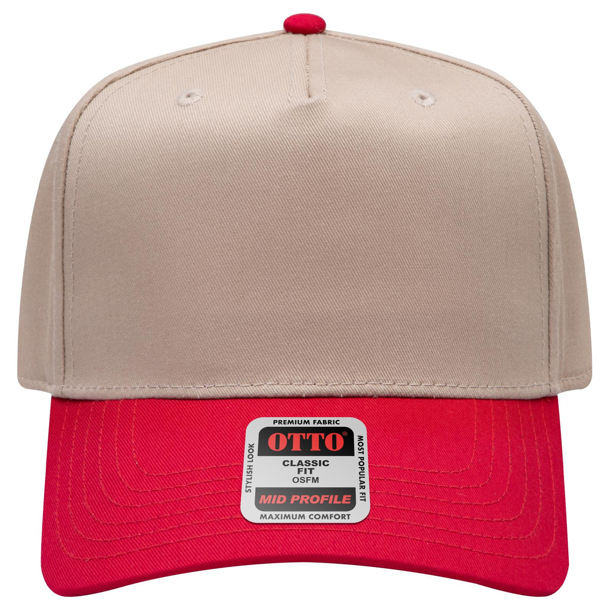 Front View of 0232 - Red/Kha OTTO CAP 5 Panel Mid Profile Baseball Cap