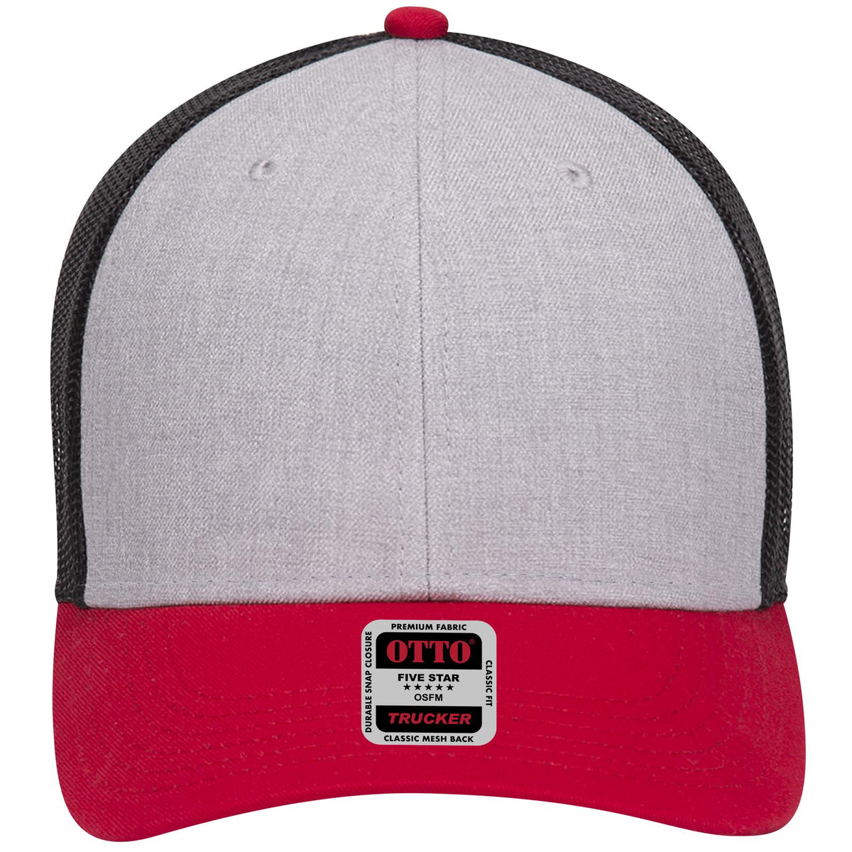 Front View of 027403 - Red/HeatherGry/Black OTTO CAP 6 Panel Low Profile Mesh Back Trucker Hat