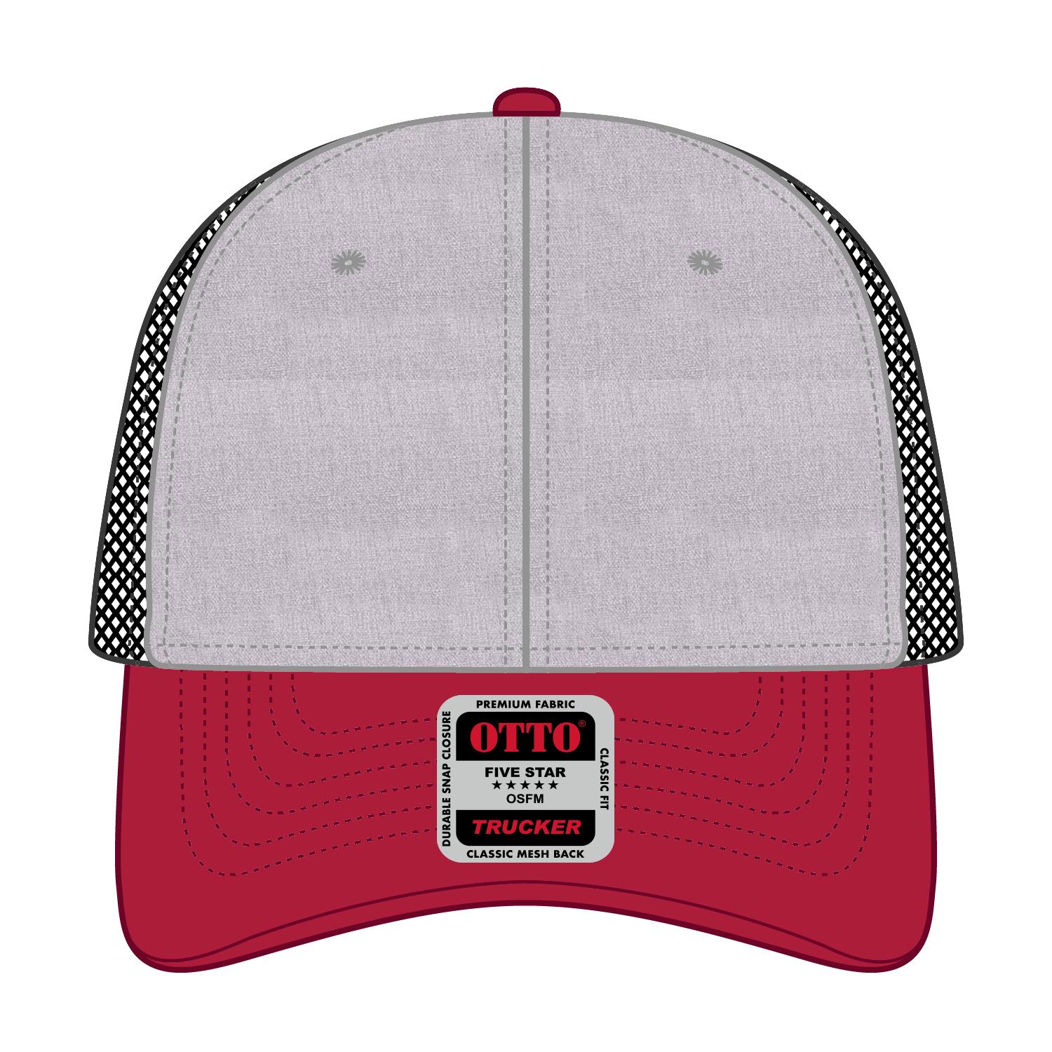 Front View of 027403 - Red/HeatherGry/Black OTTO CAP 6 Panel Low Profile Mesh Back Trucker Hat