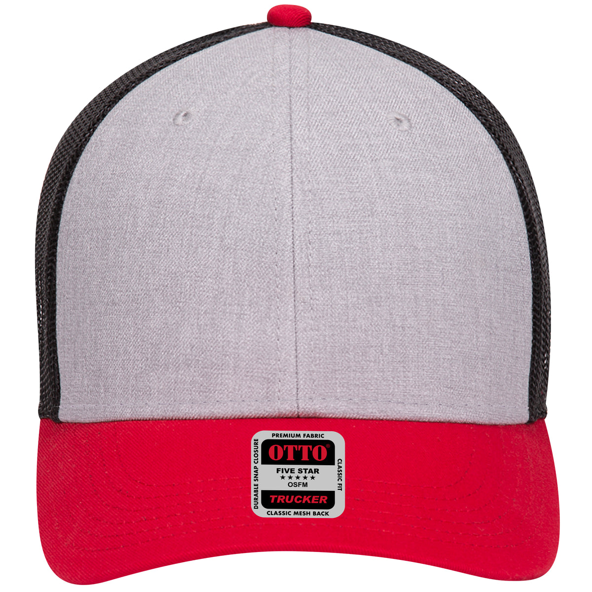 Front View of 027403 - Red/HeatherGry/Black OTTO CAP 6 Panel Low Profile Mesh Back Trucker Hat