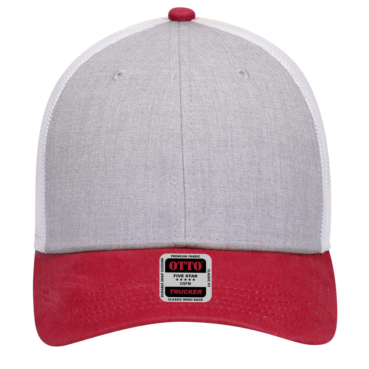 Front View of 027416 - Red/HeatherGry/White OTTO CAP 6 Panel Low Profile Mesh Back Trucker Hat