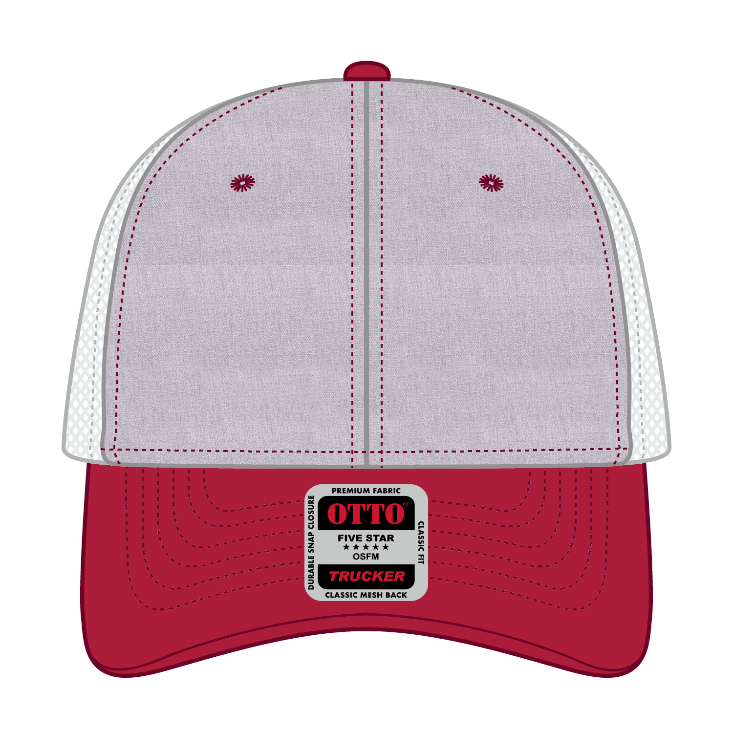 Front View of 027416 - Red/HeatherGry/White OTTO CAP 6 Panel Low Profile Mesh Back Trucker Hat