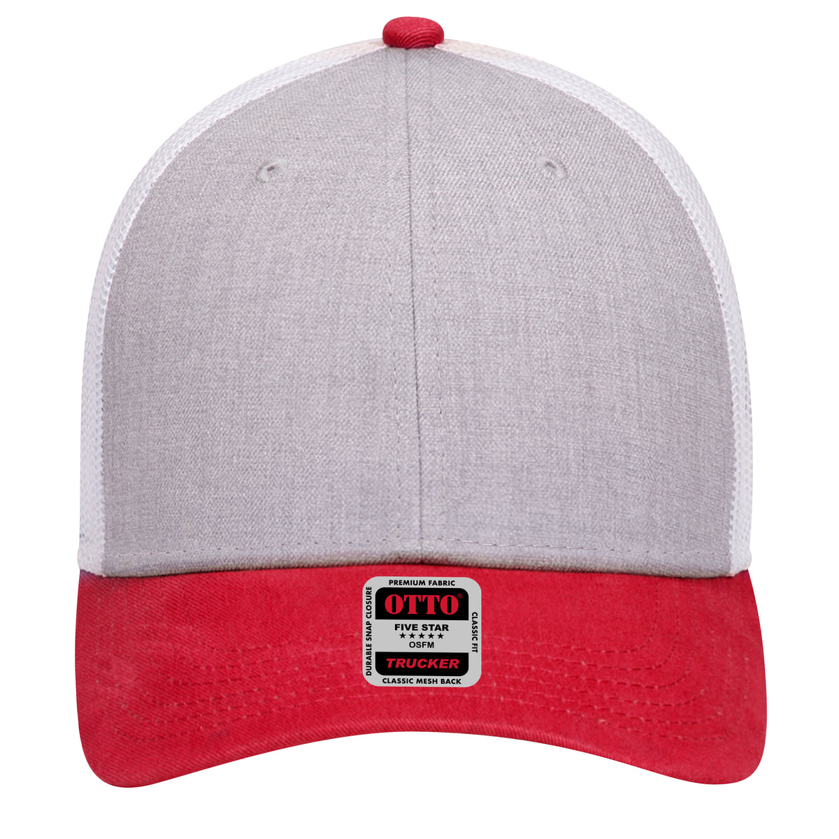 Front View of 027416 - Red/HeatherGry/White OTTO CAP 6 Panel Low Profile Mesh Back Trucker Hat
