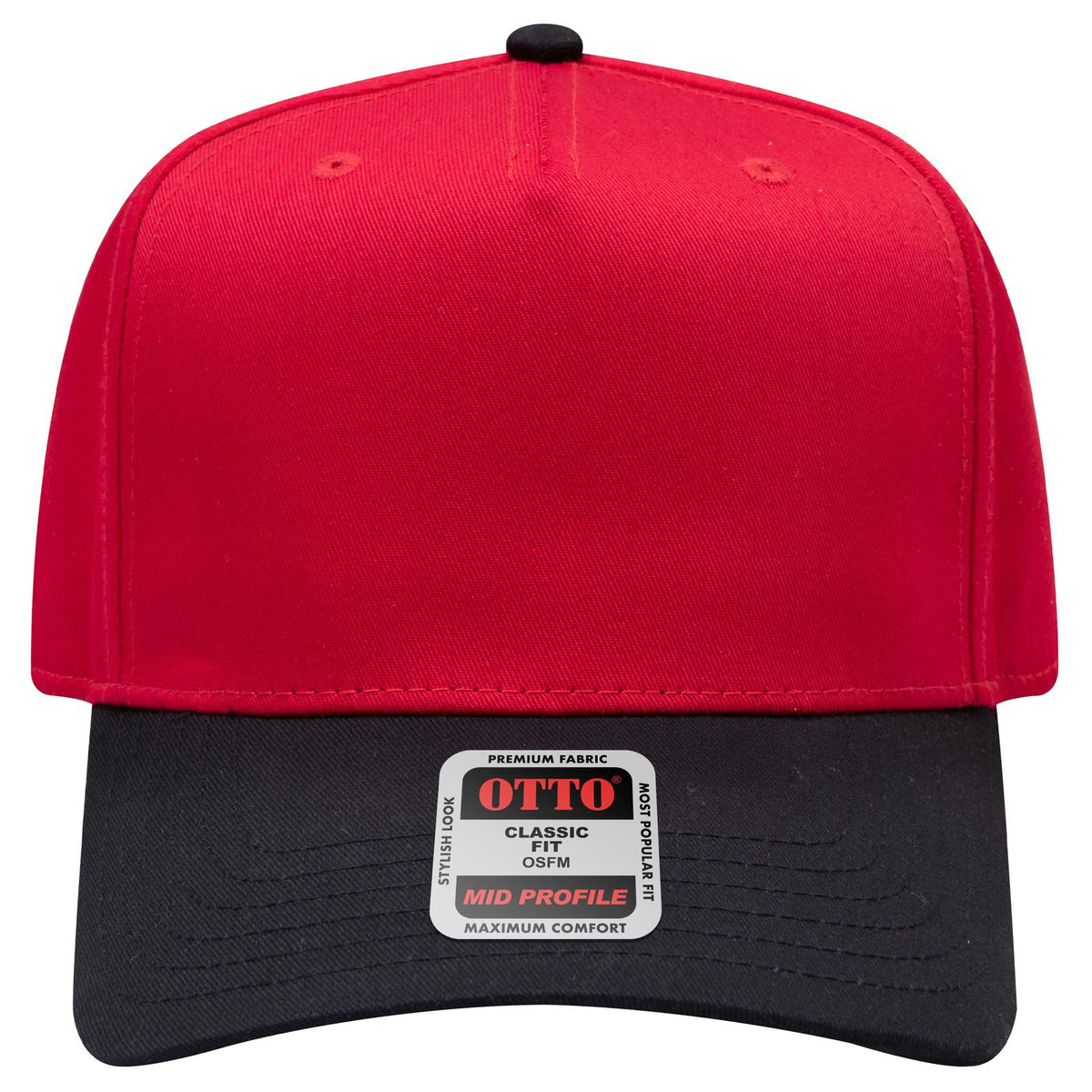 Front View of 0302 - Blk/Red OTTO CAP 5 Panel Mid Profile Baseball Cap