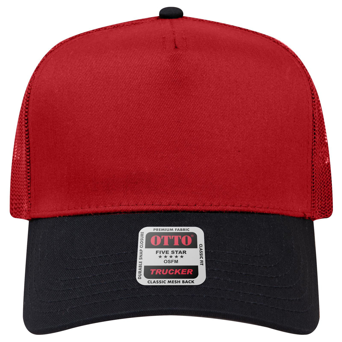 Front View of 0302 - Blk/Red OTTO CAP 5 Panel Mid Profile Mesh Back Trucker Hat