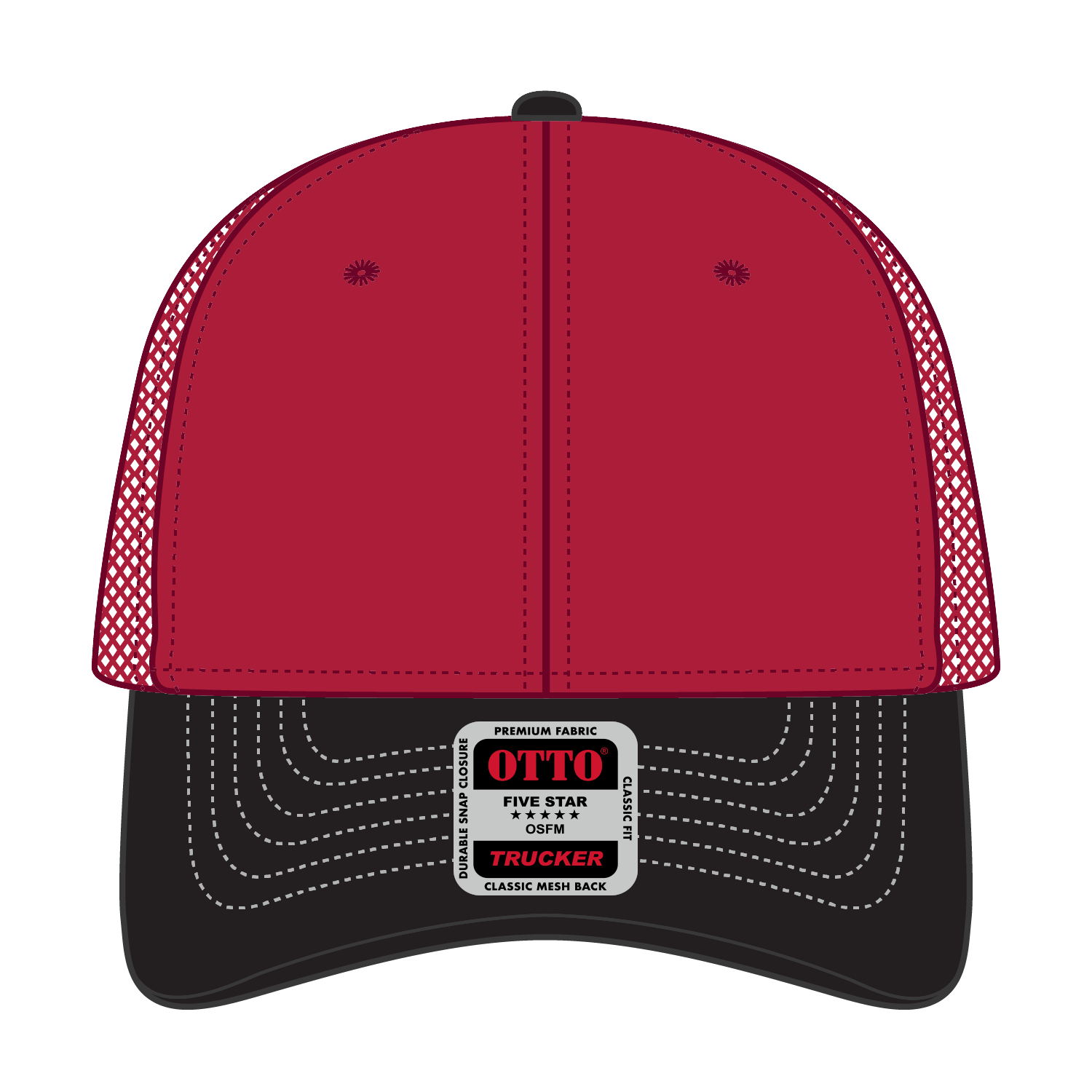 Front View of 030202 - Blk/Red/Red OTTO CAP 6 Panel Low Profile Mesh Back Trucker Hat