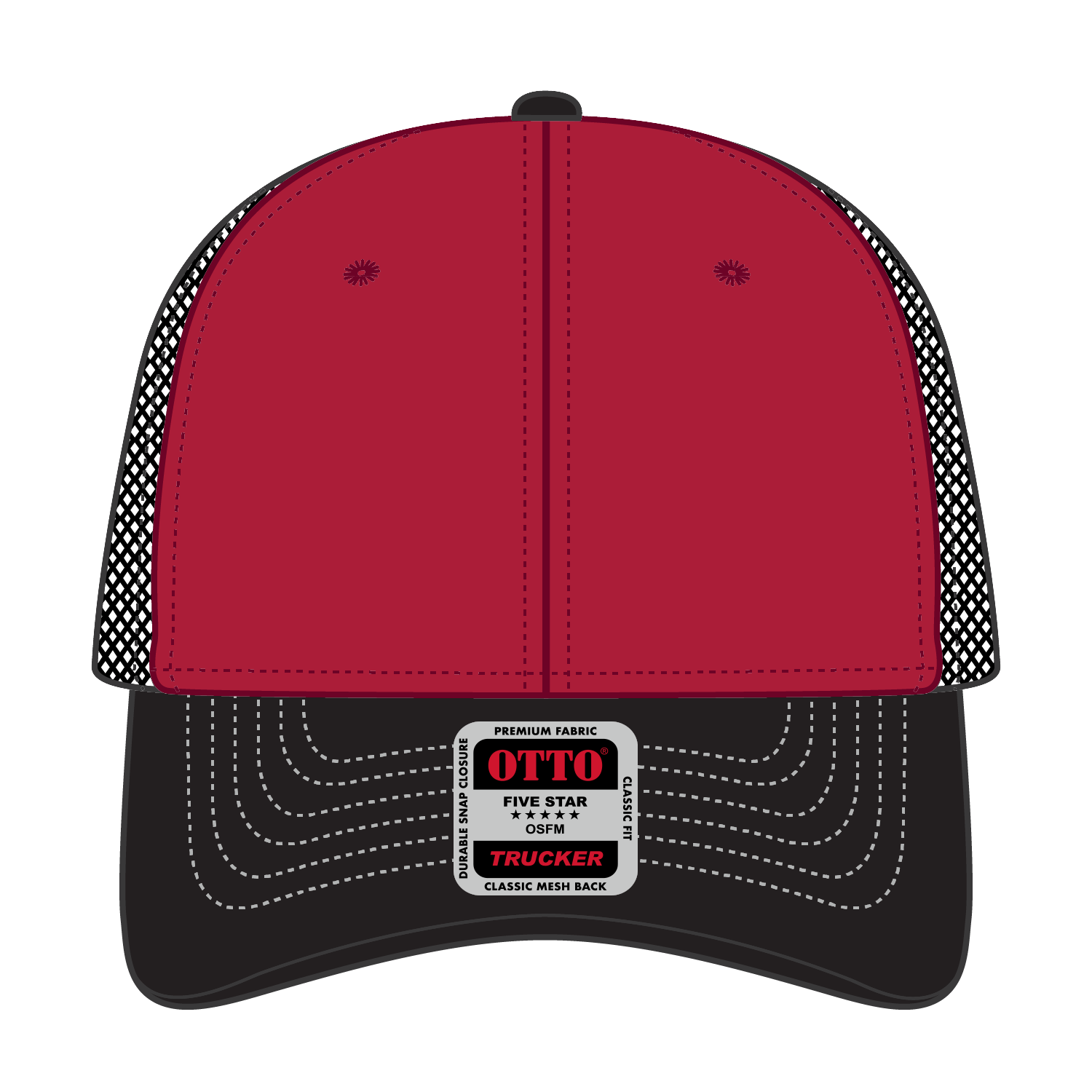 Front View of 030203 - Blk/Red/Blk OTTO CAP 6 Panel Low Profile Mesh Back Trucker Hat