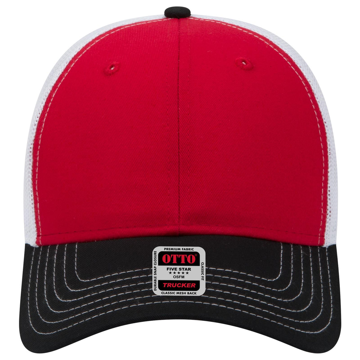 Front View of 030216 - Blk/Red/Wht OTTO CAP 6 Panel Low Profile Mesh Back Trucker Hat