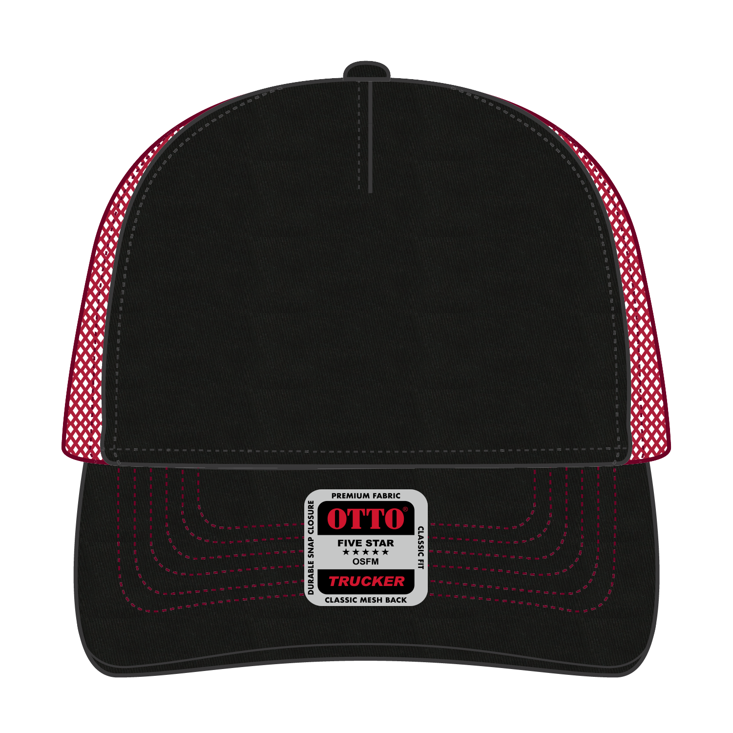 Front View of 030302 - Blk/Blk/Red OTTO CAP 5 Panel Low Profile Mesh Back Trucker Hat