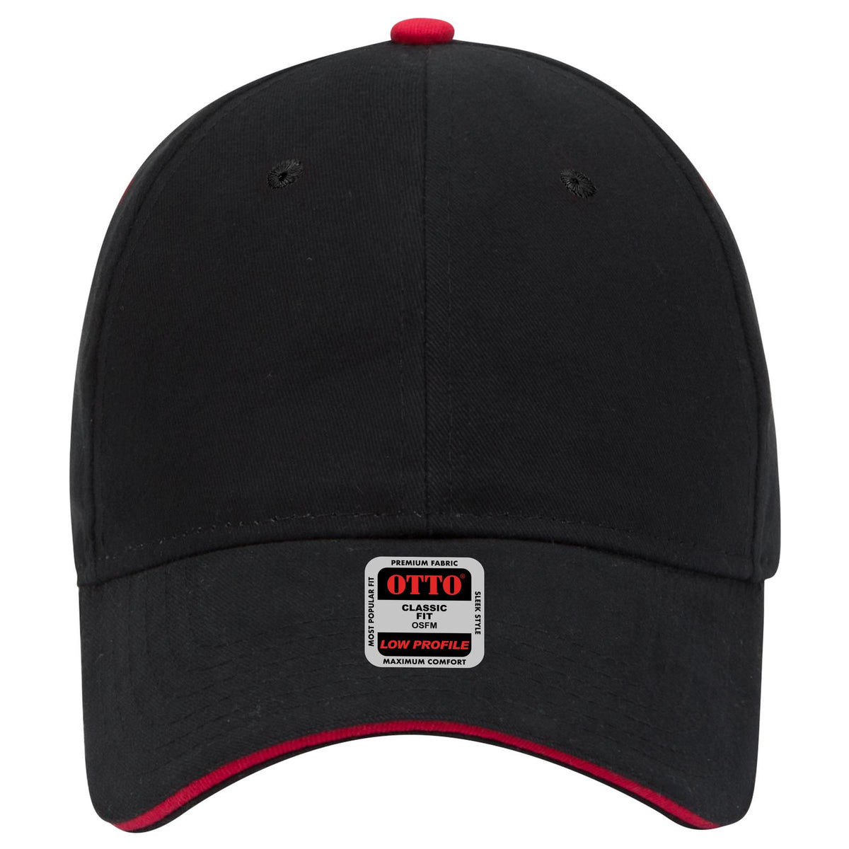 Front View of 030302 - Blk/Blk/Red OTTO CAP 6 Panel Low Profile Baseball Cap