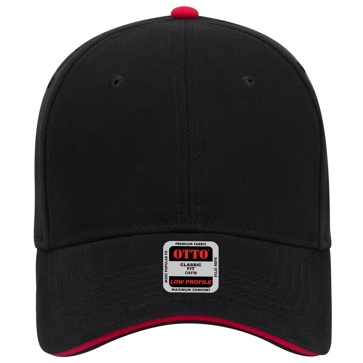 Front View of 030302 - Blk/Blk/Red OTTO CAP 6 Panel Low Profile Baseball Cap