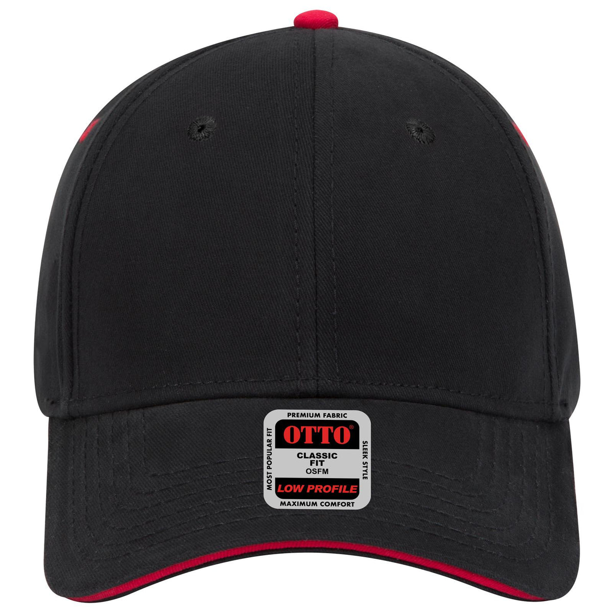 Front View of 030302 - Blk/Blk/Red OTTO CAP 6 Panel Low Profile Baseball Cap
