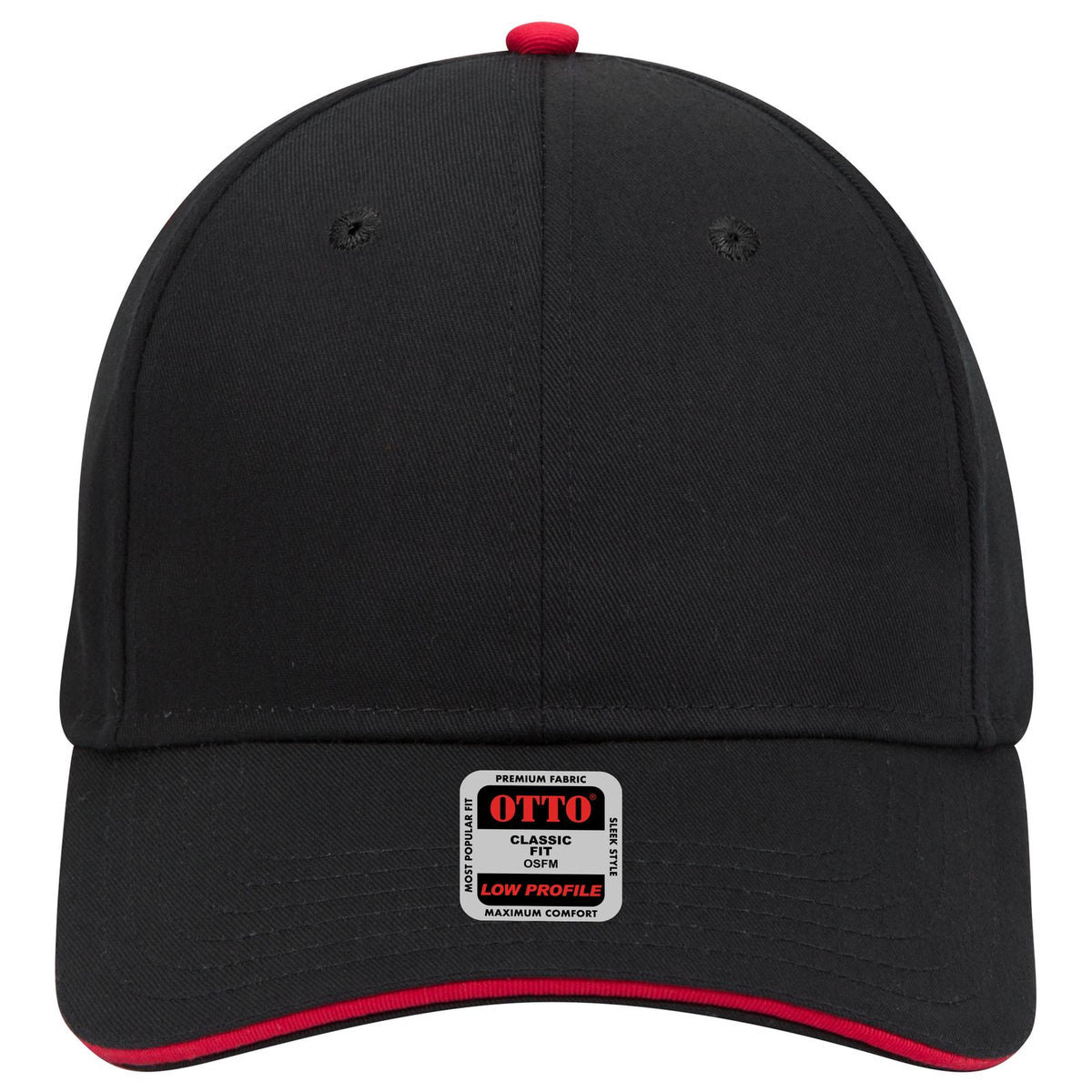 Front View of 030302 - Blk/Blk/Red OTTO CAP 6 Panel Low Profile Baseball Cap