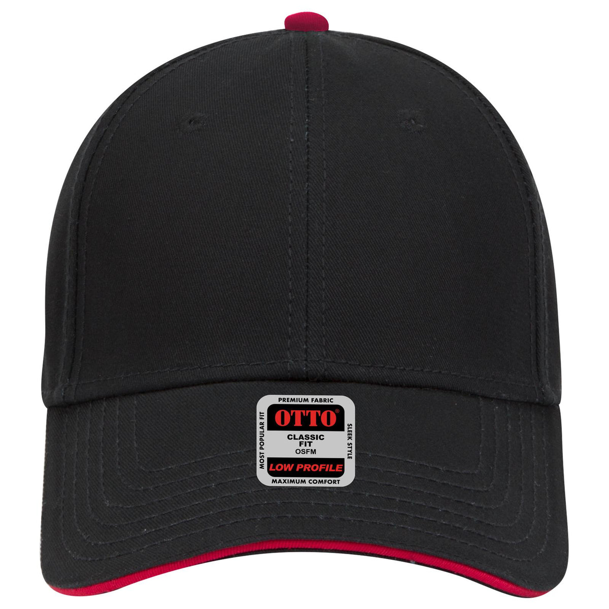 Front View of 030302 - Blk/Blk/Red OTTO CAP 6 Panel Low Profile Baseball Cap