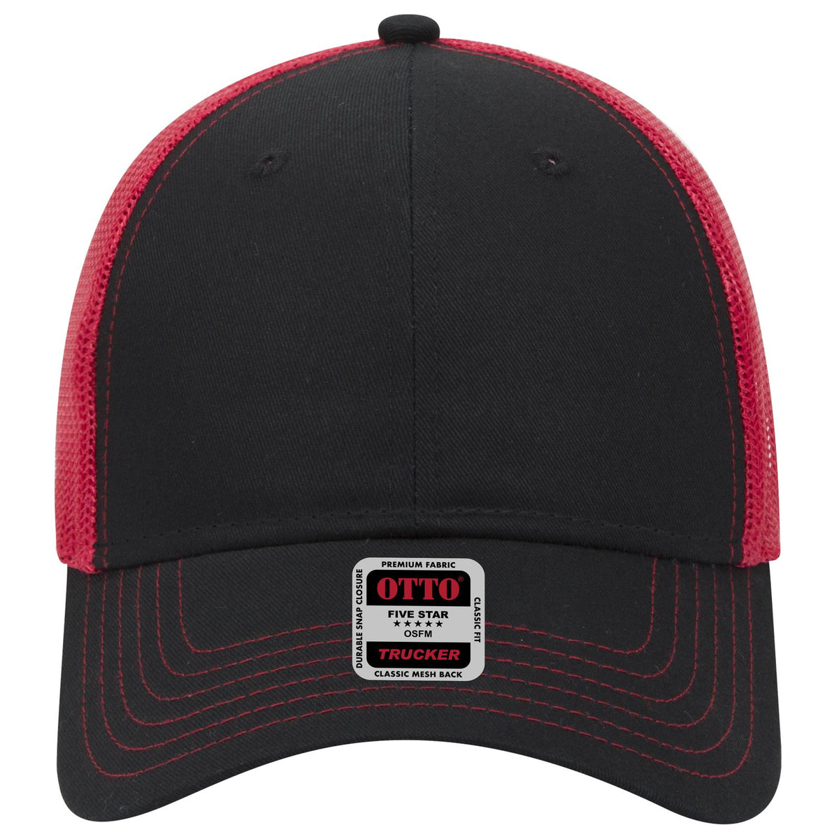 Front View of 030302 - Blk/Blk/Red OTTO CAP 6 Panel Low Profile Mesh Back Trucker Hat