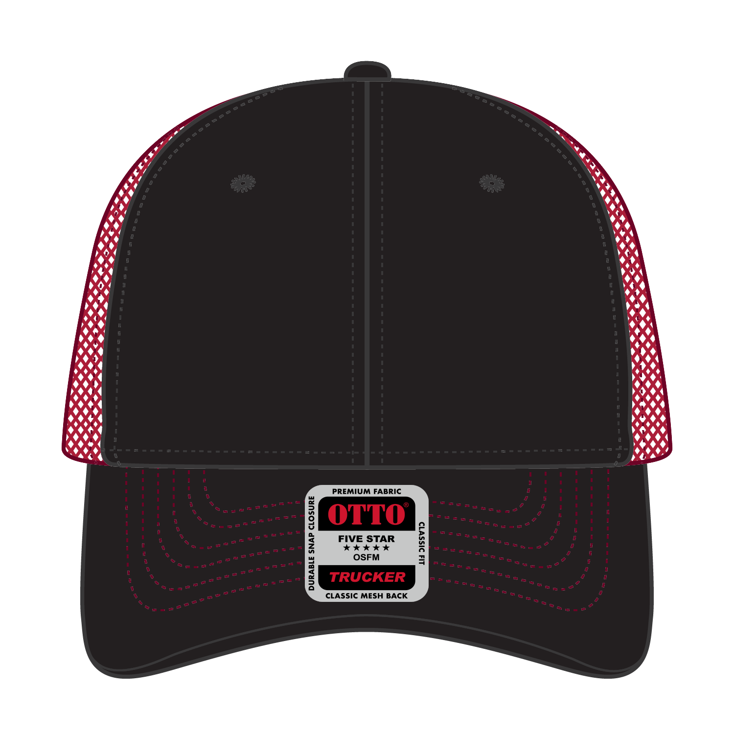 Front View of 030302 - Blk/Blk/Red OTTO CAP 6 Panel Low Profile Mesh Back Trucker Hat