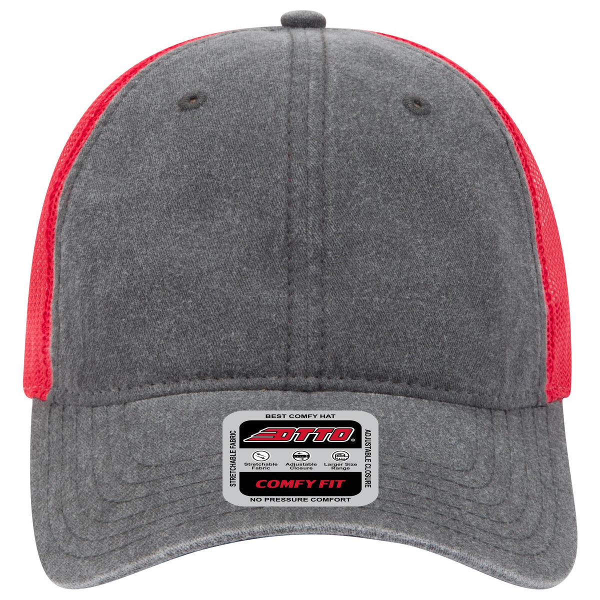 Front View of 030302 - Blk/Blk/Red OTTO CAP "OTTO COMFY FIT" 6 Panel Low Profile Mesh Back Trucker Hat