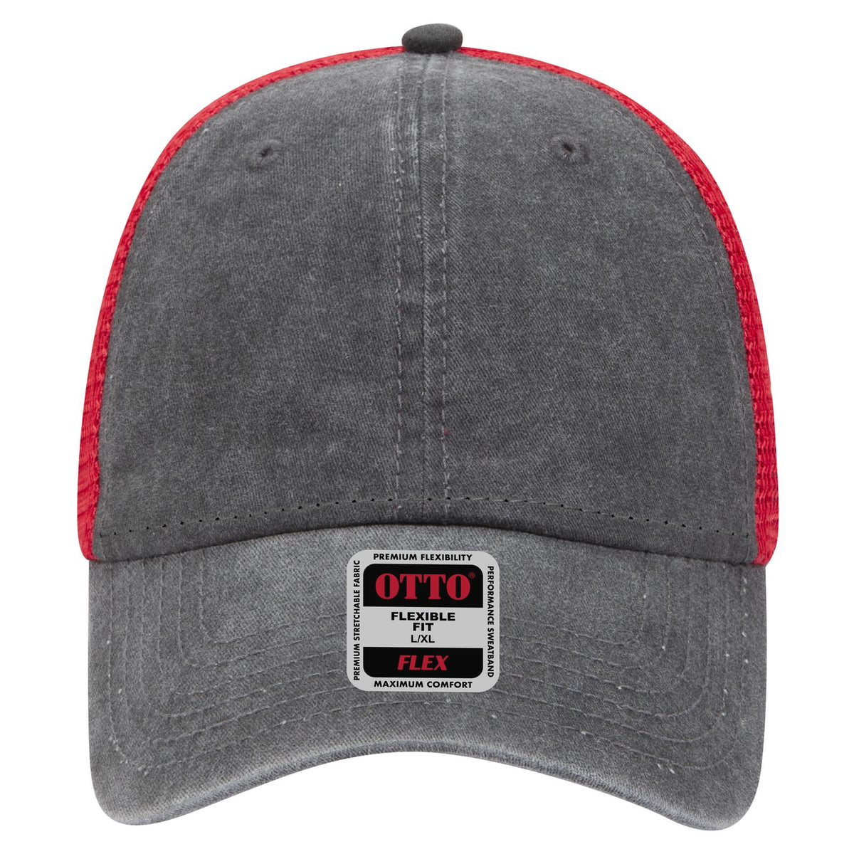 Front View of 030302 - Blk/Blk/Red OTTO CAP "OTTO FLEX" Fitted 6 Panel Low Profile Mesh Back Trucker Hat
