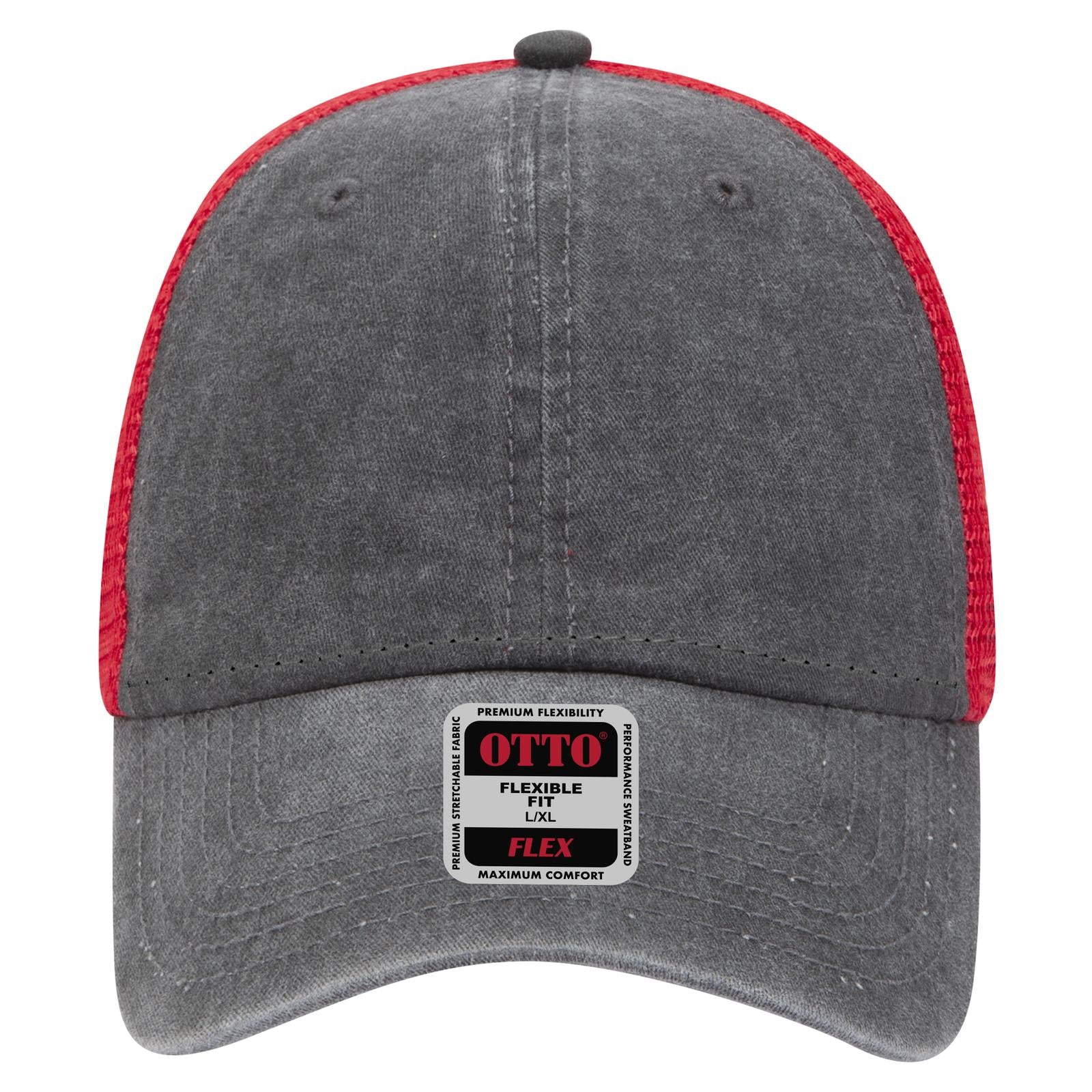 Front View of 030302 - Blk/Blk/Red OTTO CAP "OTTO FLEX" Fitted 6 Panel Low Profile Mesh Back Trucker Hat