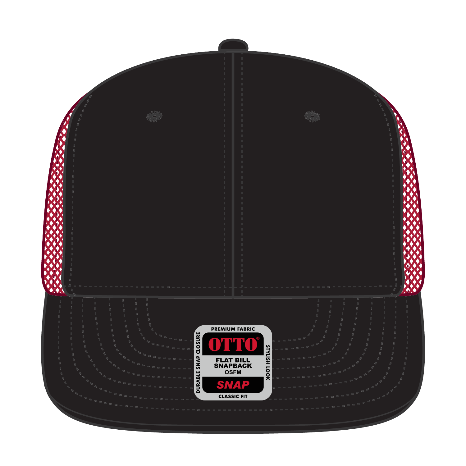 Front View of 030302 - Blk/Blk/Red OTTO CAP "OTTO SNAP" 6 Panel Pro Style Mesh Back Trucker Snapback Hat