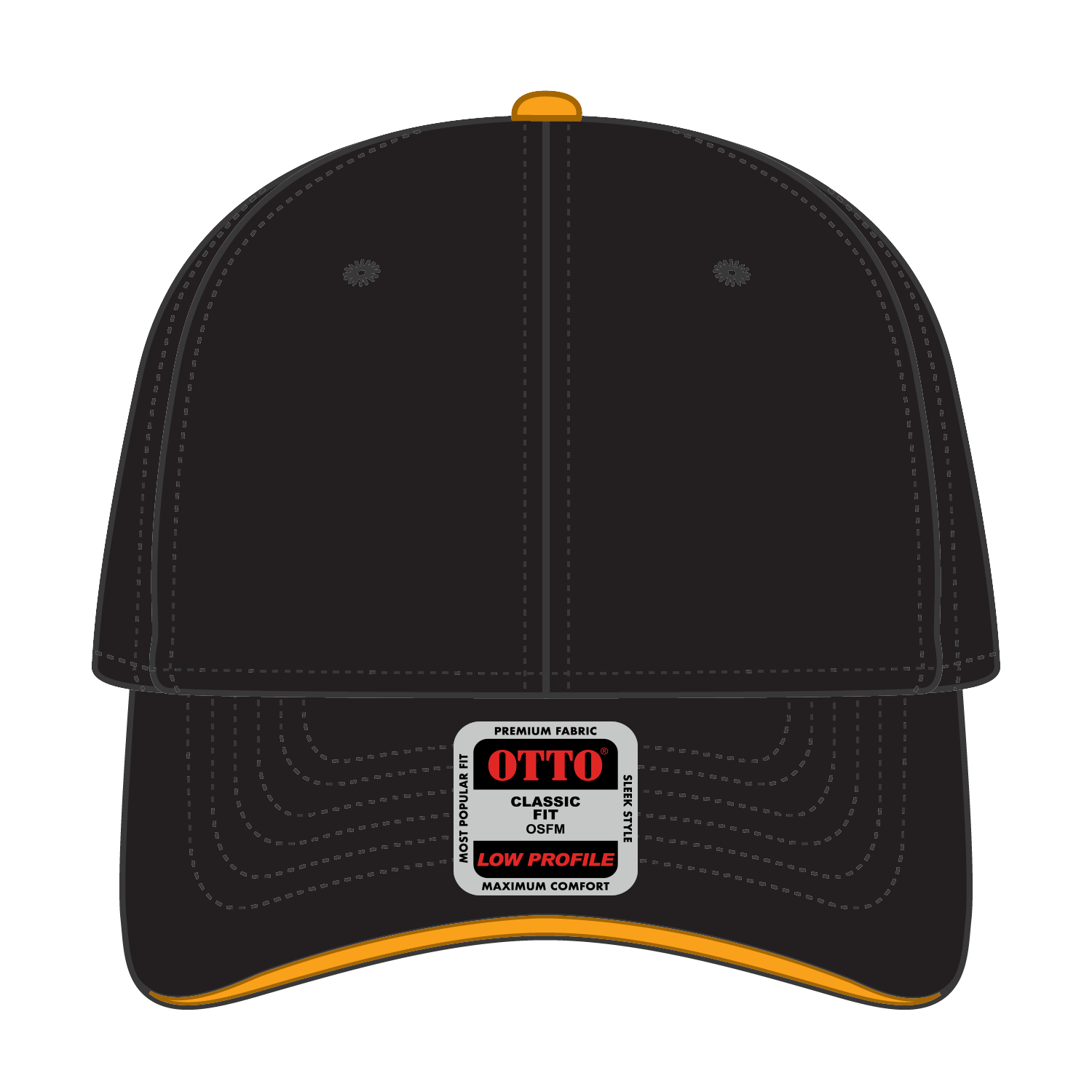 Front View of 030306 - Blk/Blk/Gld OTTO CAP 6 Panel Low Profile Baseball Cap