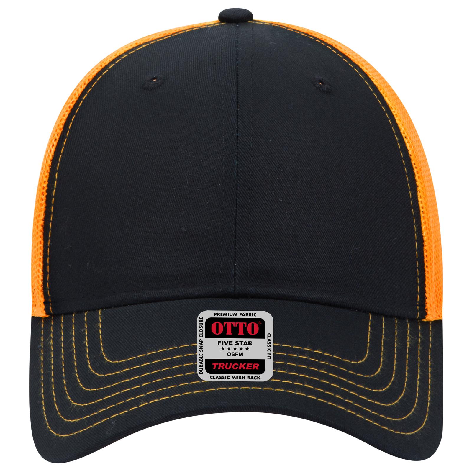 Front View of 030306 - Blk/Blk/Gld OTTO CAP 6 Panel Low Profile Mesh Back Trucker Hat