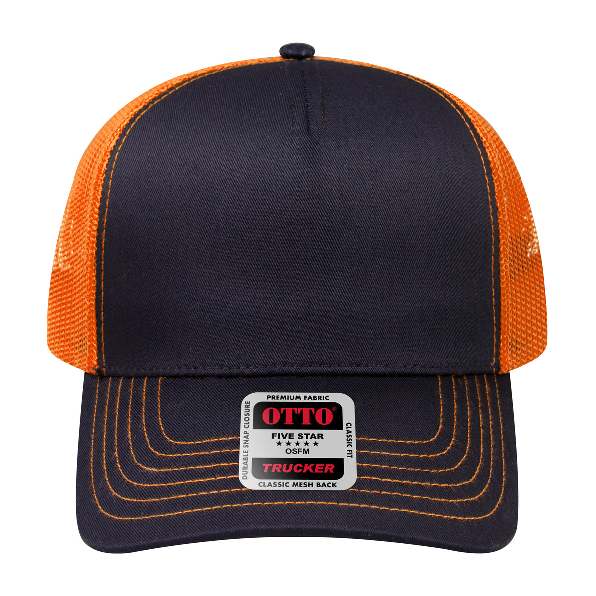 Front View of 030309 - Blk/Blk/N Org OTTO CAP 5 Panel Low Profile Mesh Back Trucker Hat