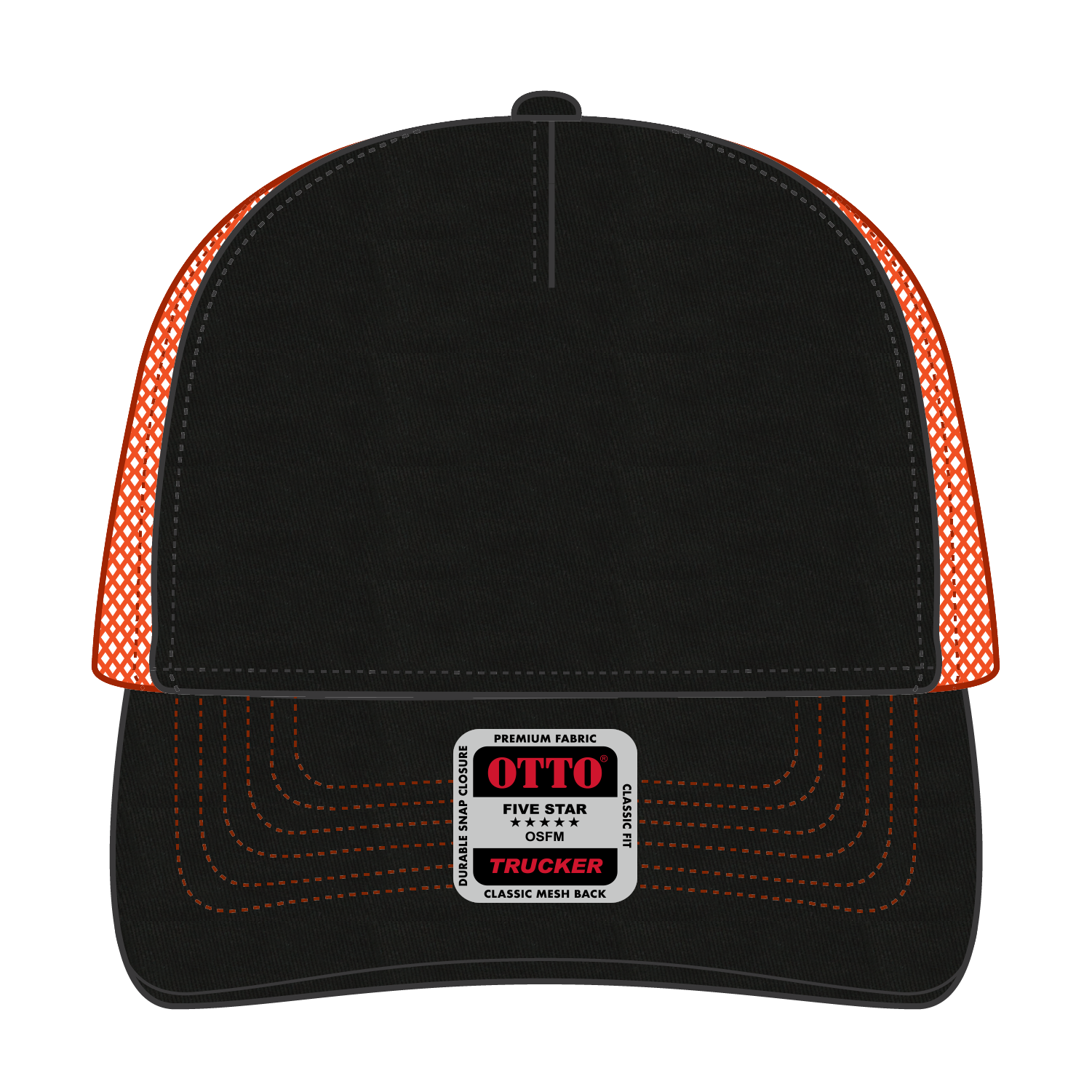 Front View of 030309 - Blk/Blk/N Org OTTO CAP 5 Panel Low Profile Mesh Back Trucker Hat