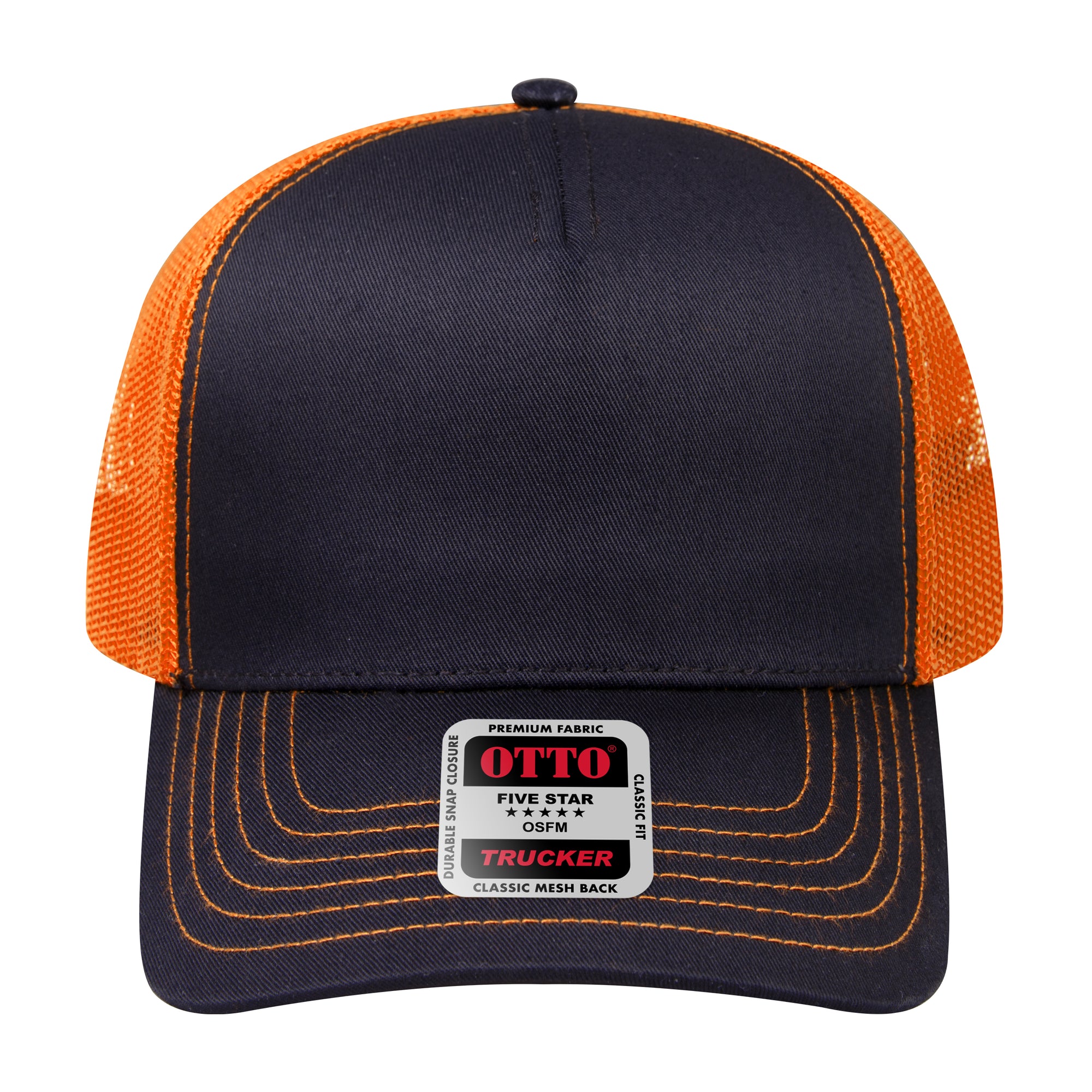 Front View of 030309 - Blk/Blk/N Org OTTO CAP 5 Panel Low Profile Mesh Back Trucker Hat