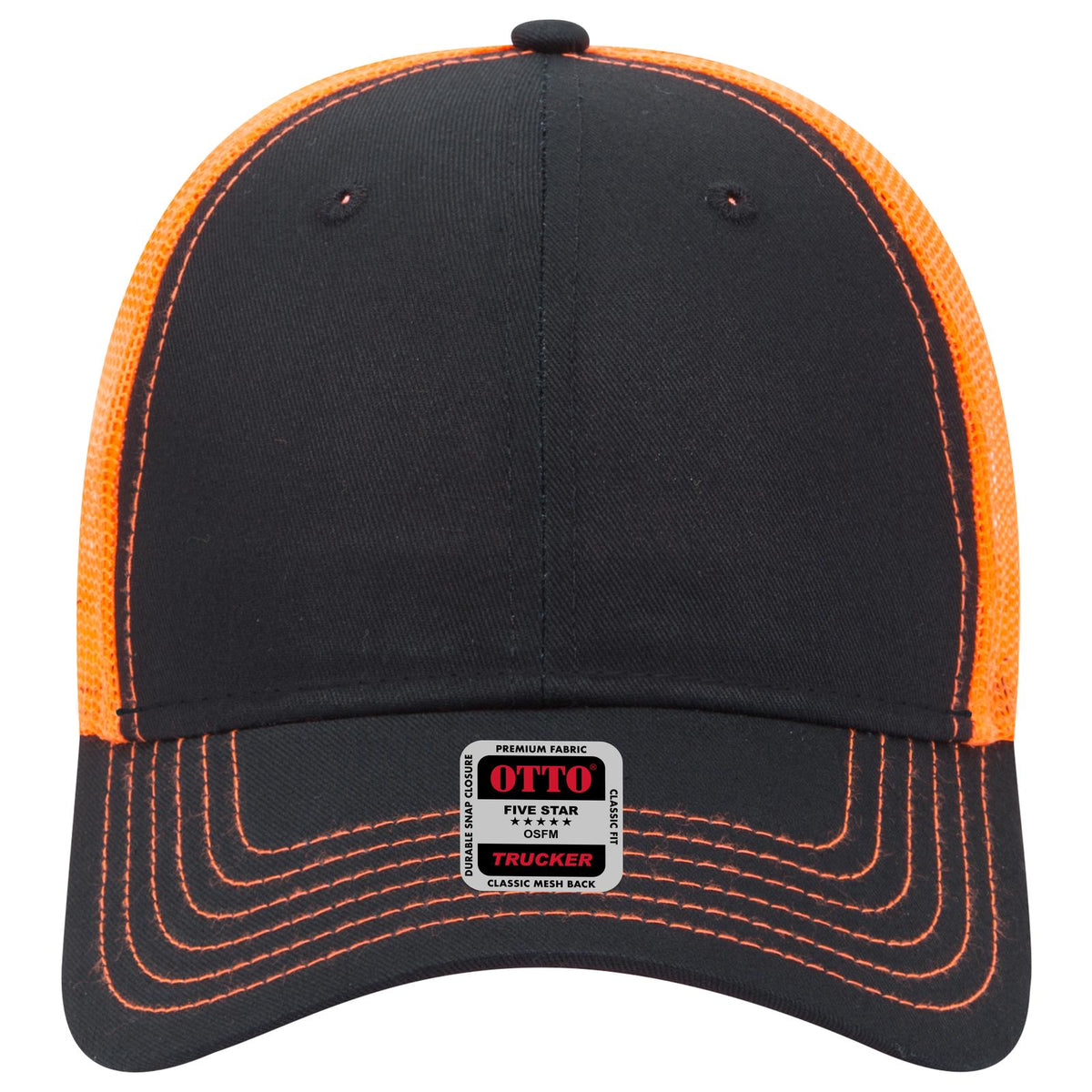 Front View of 030309 - Blk/Blk/N Org OTTO CAP 6 Panel Low Profile Mesh Back Trucker Hat