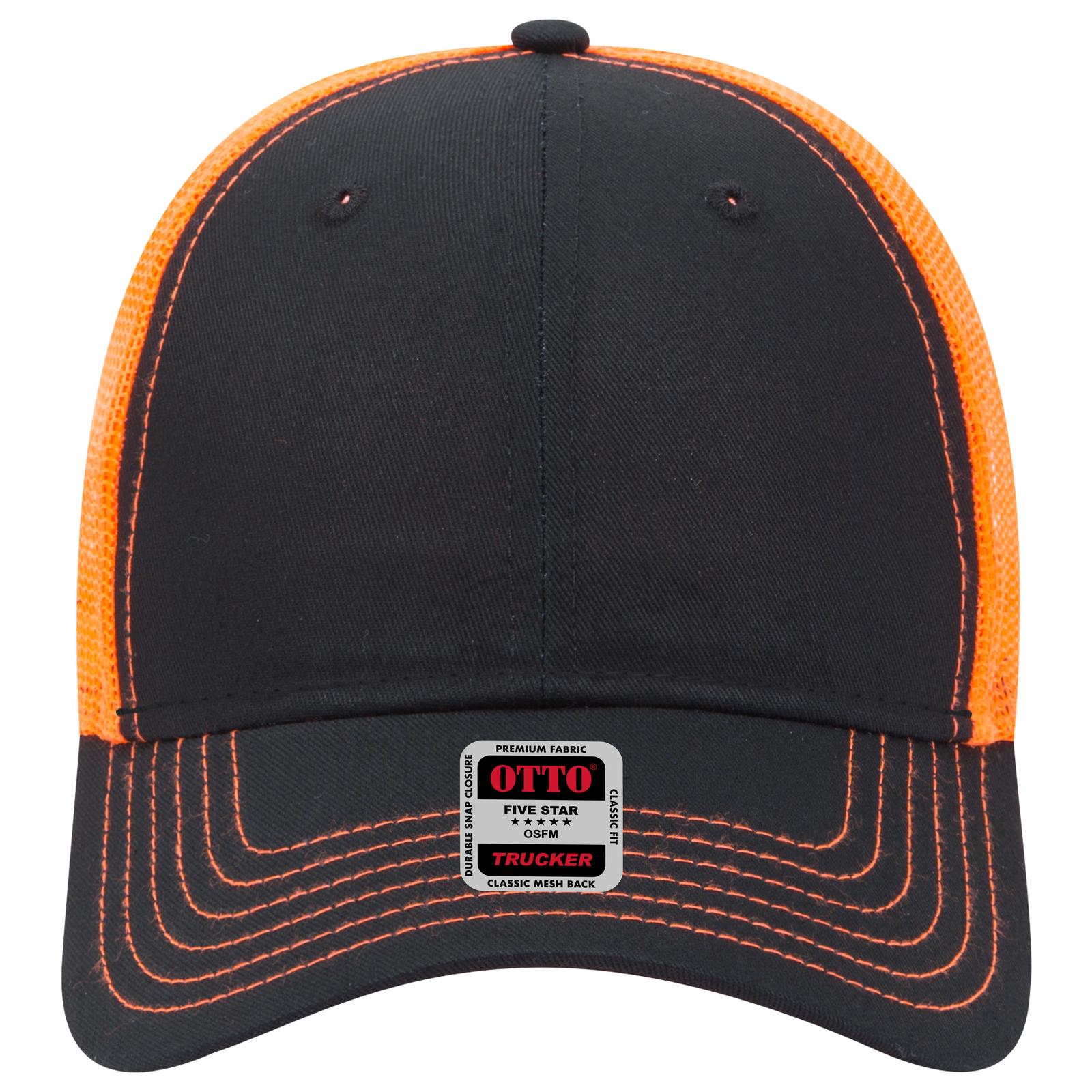 Front View of 030309 - Blk/Blk/N Org OTTO CAP 6 Panel Low Profile Mesh Back Trucker Hat