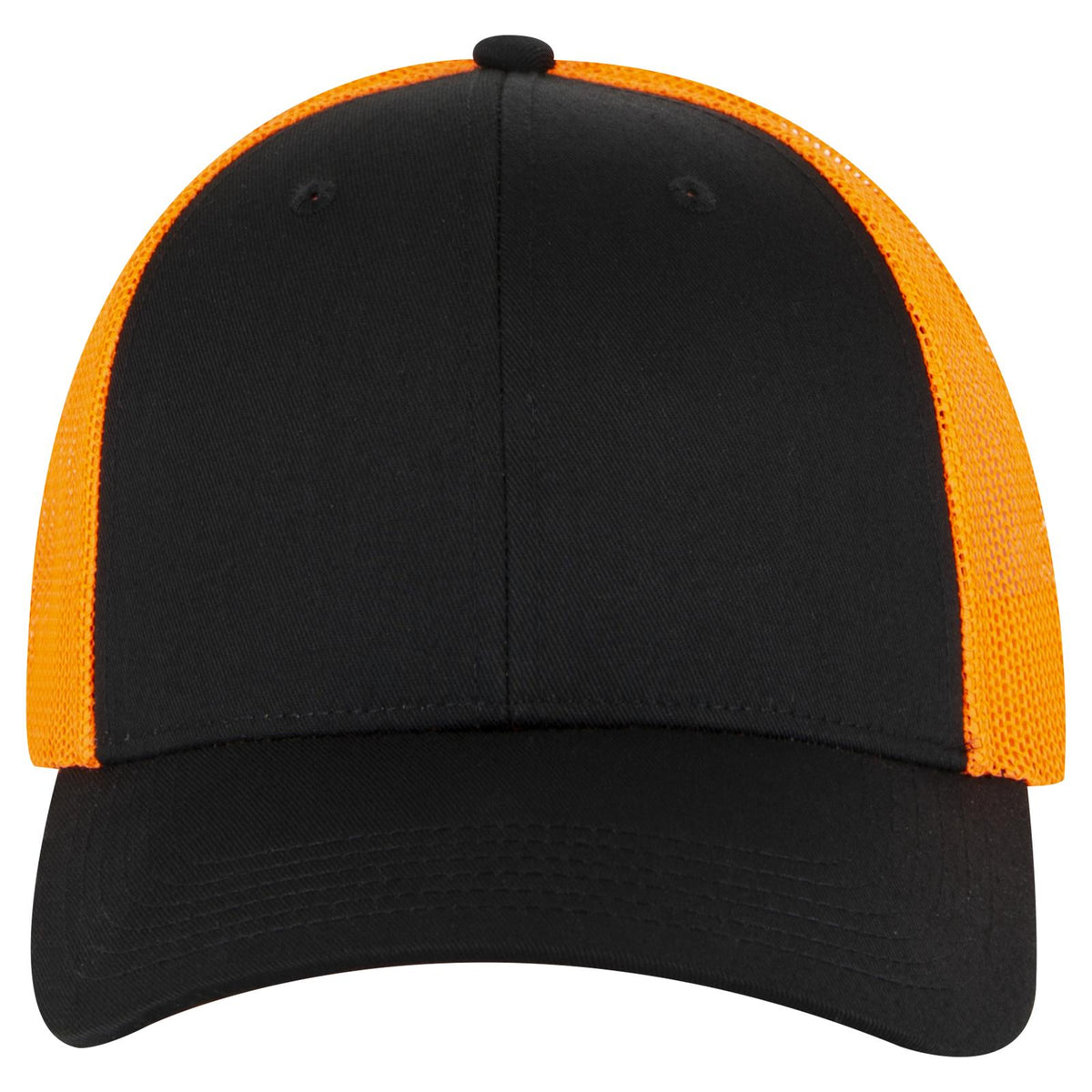 Front View of 030309 - Blk/Blk/N Org OTTO CAP 6 Panel Low Profile Mesh Back Trucker Hat