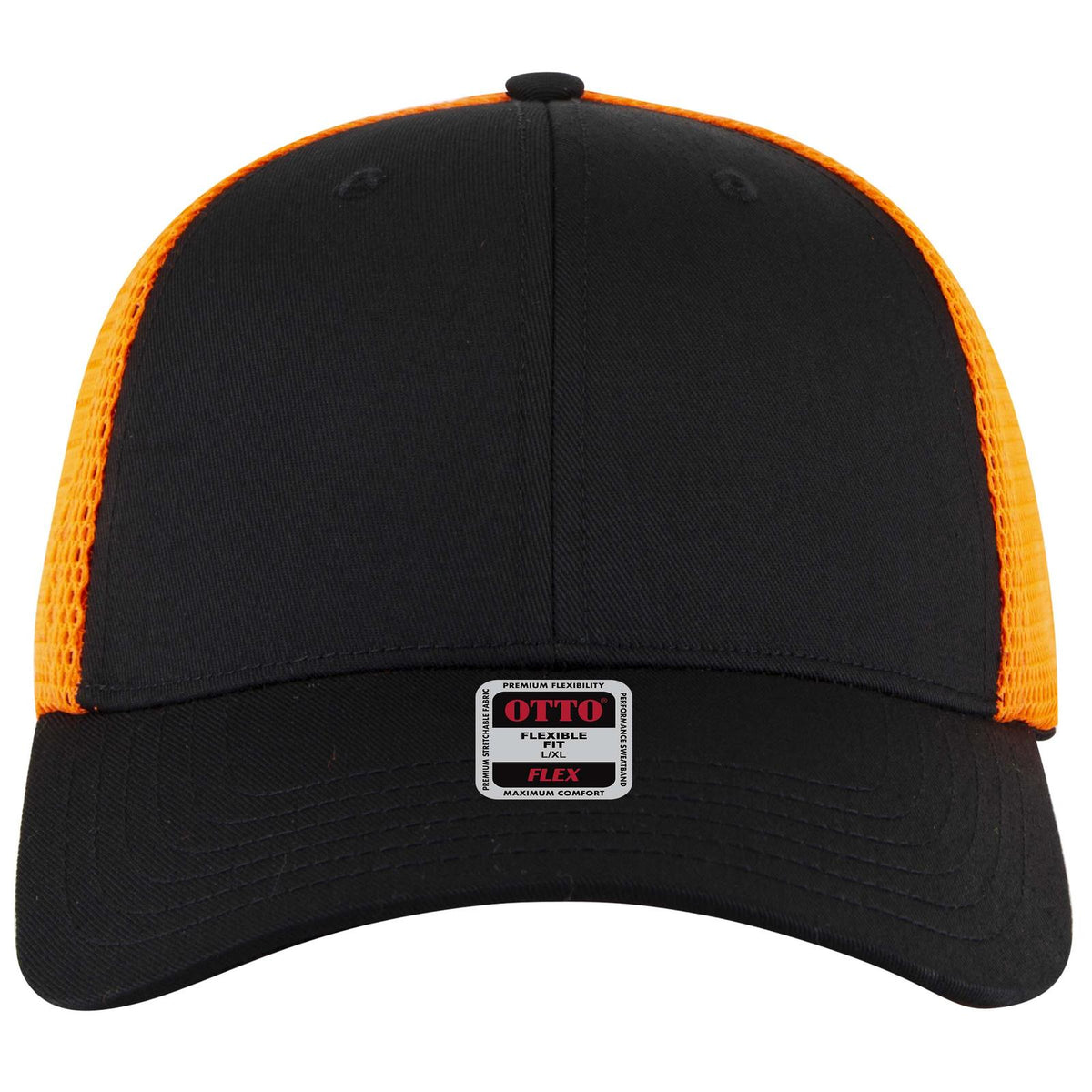 Front View of 030309 - Blk/Blk/N Org OTTO CAP "OTTO FLEX" Fitted 6 Panel Low Profile Mesh Back Trucker Hat