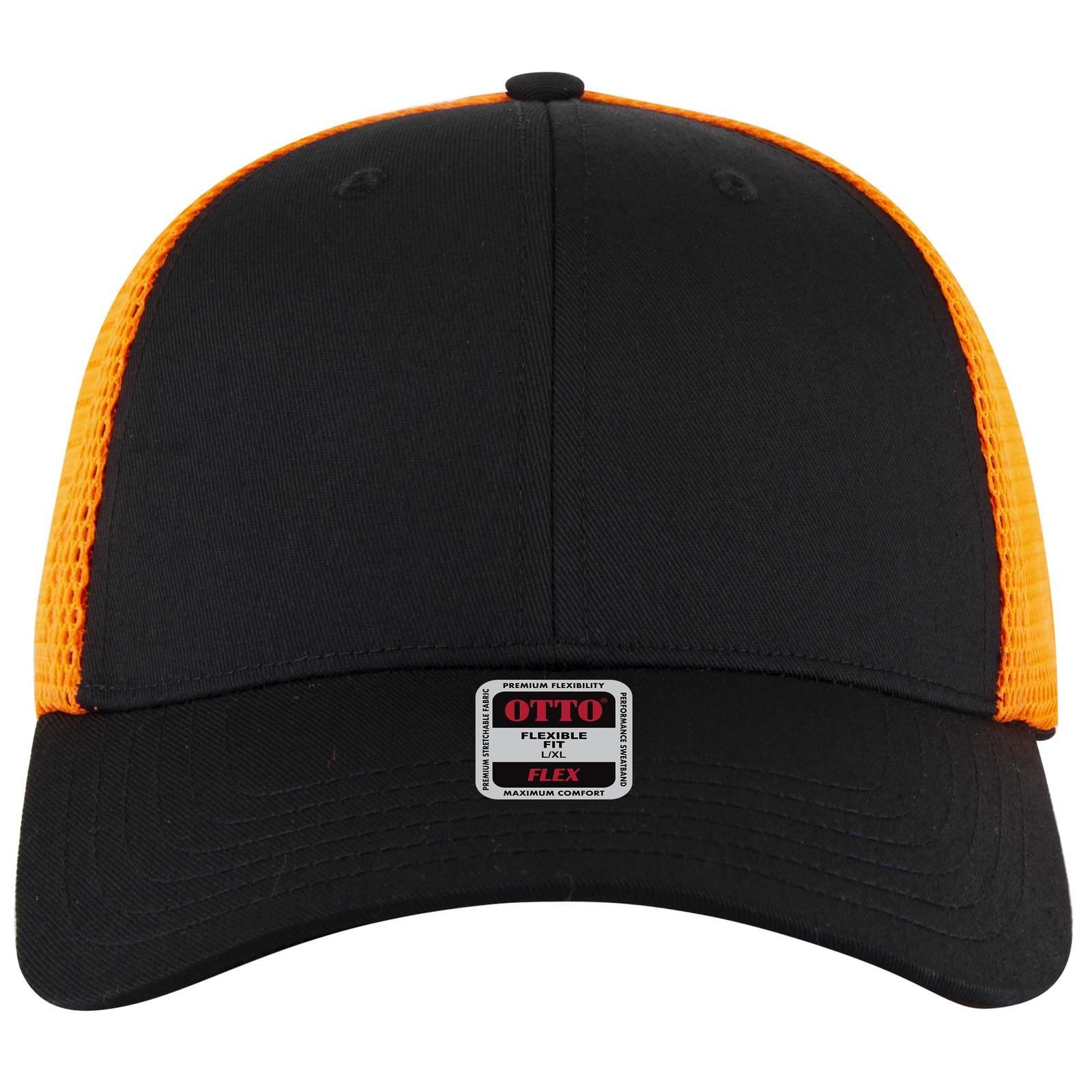 Right View of 030309 - Blk/Blk/N Org OTTO CAP "OTTO FLEX" Fitted 6 Panel Low Profile Mesh Back Trucker Hat