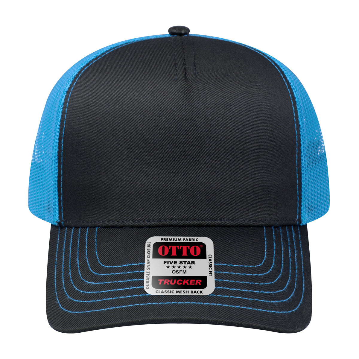Front View of 0303107 - Blk/Blk/N.Blue OTTO CAP 5 Panel Low Profile Mesh Back Trucker Hat