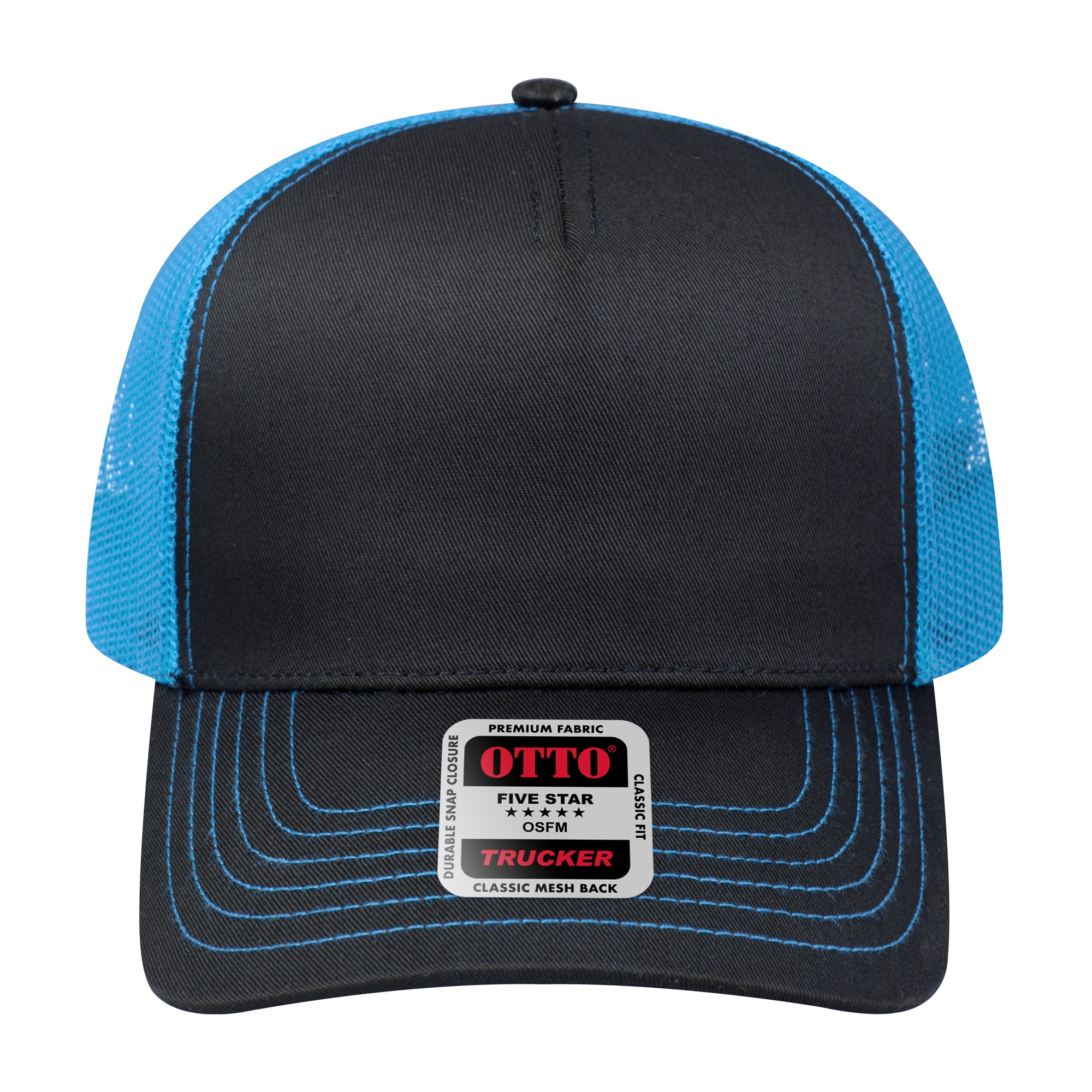 Front View of 0303107 - Blk/Blk/N.Blue OTTO CAP 5 Panel Low Profile Mesh Back Trucker Hat