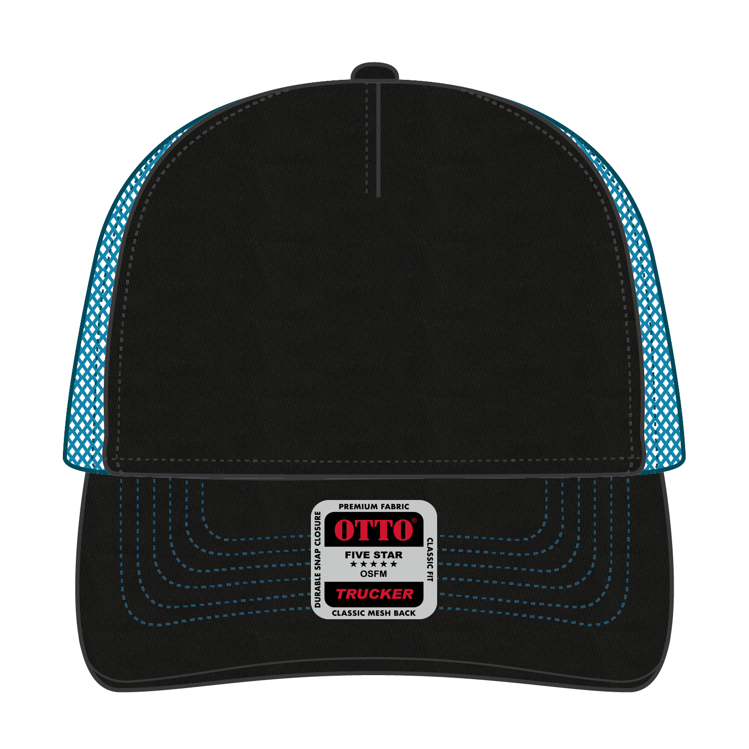 Front View of 0303107 - Blk/Blk/N.Blue OTTO CAP 5 Panel Low Profile Mesh Back Trucker Hat