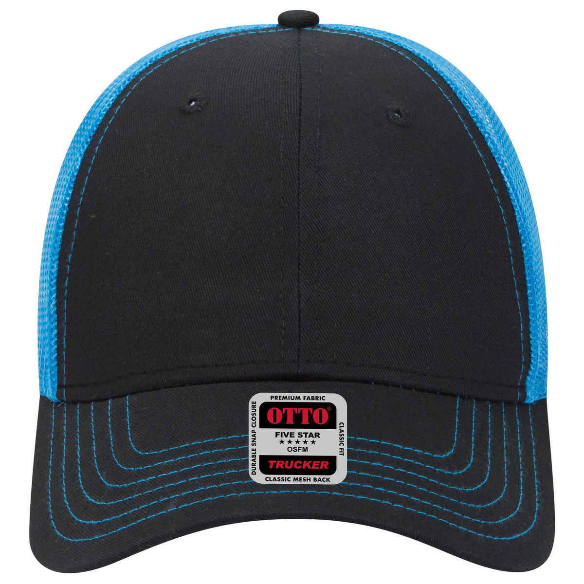 Front View of 0303107 - Blk/Blk/N.Blue OTTO CAP 6 Panel Low Profile Mesh Back Trucker Hat