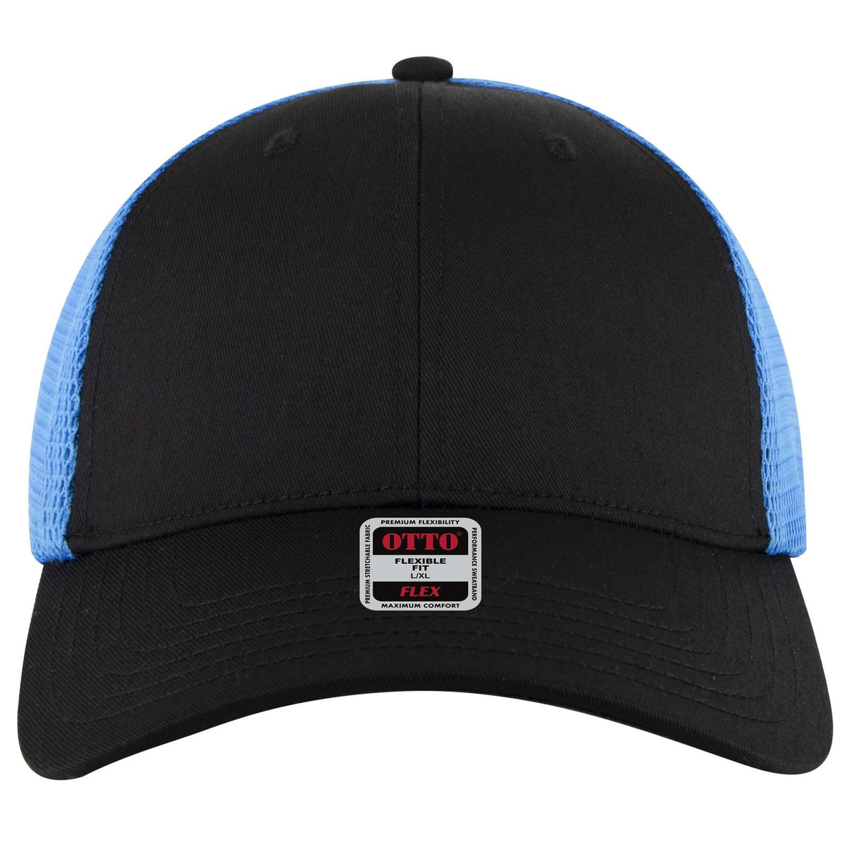 Front View of 0303107 - Blk/Blk/N.Blue OTTO CAP "OTTO FLEX" Fitted 6 Panel Low Profile Mesh Back Trucker Hat