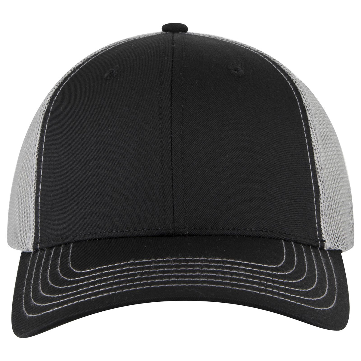 Front View of 030314 - Blk/Blk/Gry OTTO CAP 6 Panel Low Profile Mesh Back Trucker Hat