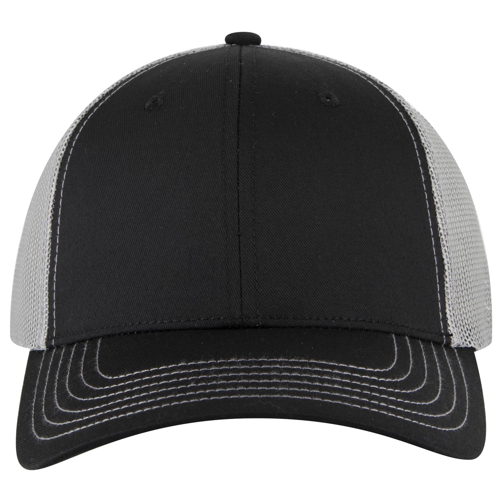 Front View of 030314 - Blk/Blk/Gry OTTO CAP 6 Panel Low Profile Mesh Back Trucker Hat