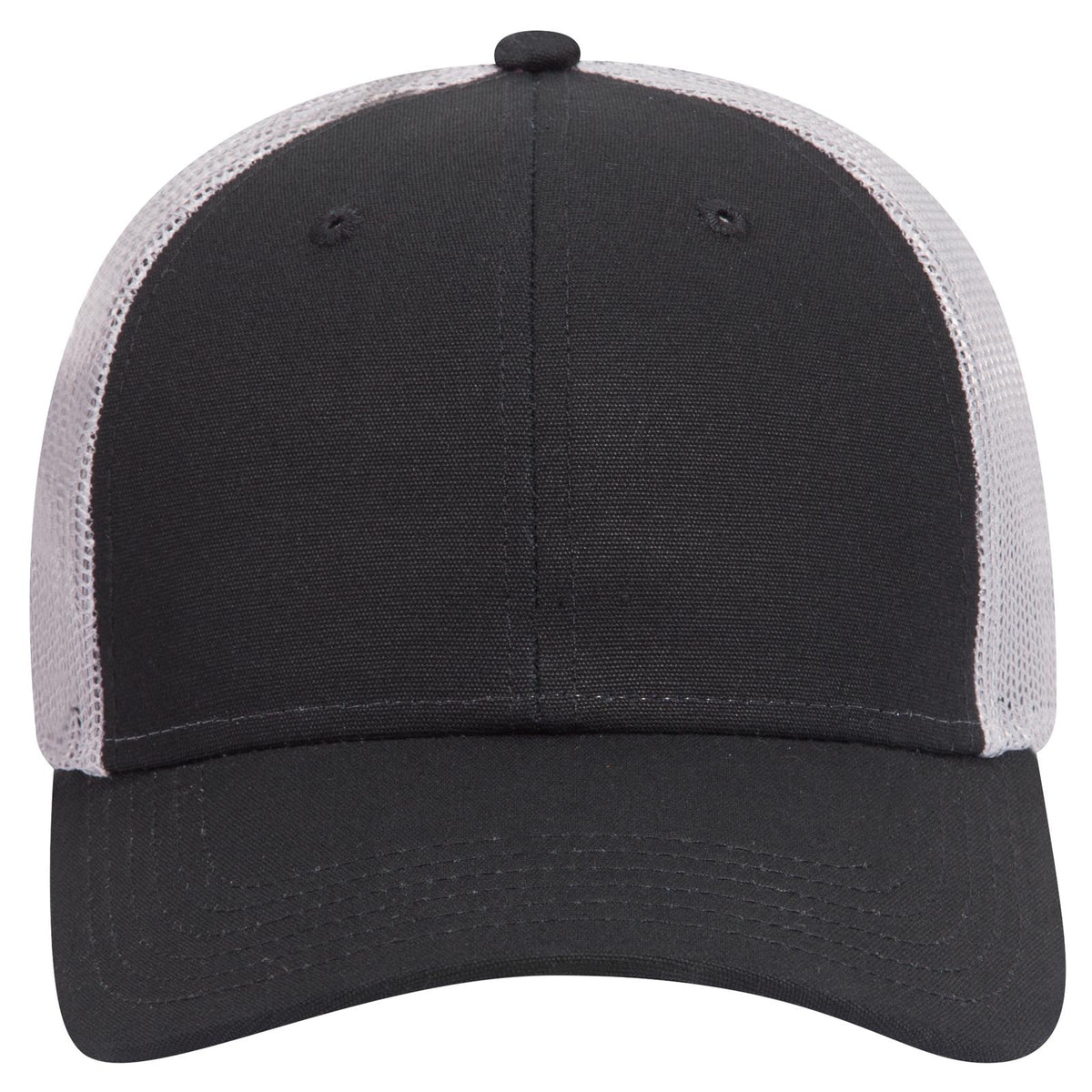 Front View of 030314 - Blk/Blk/Gry OTTO CAP 6 Panel Low Profile Mesh Back Trucker Hat