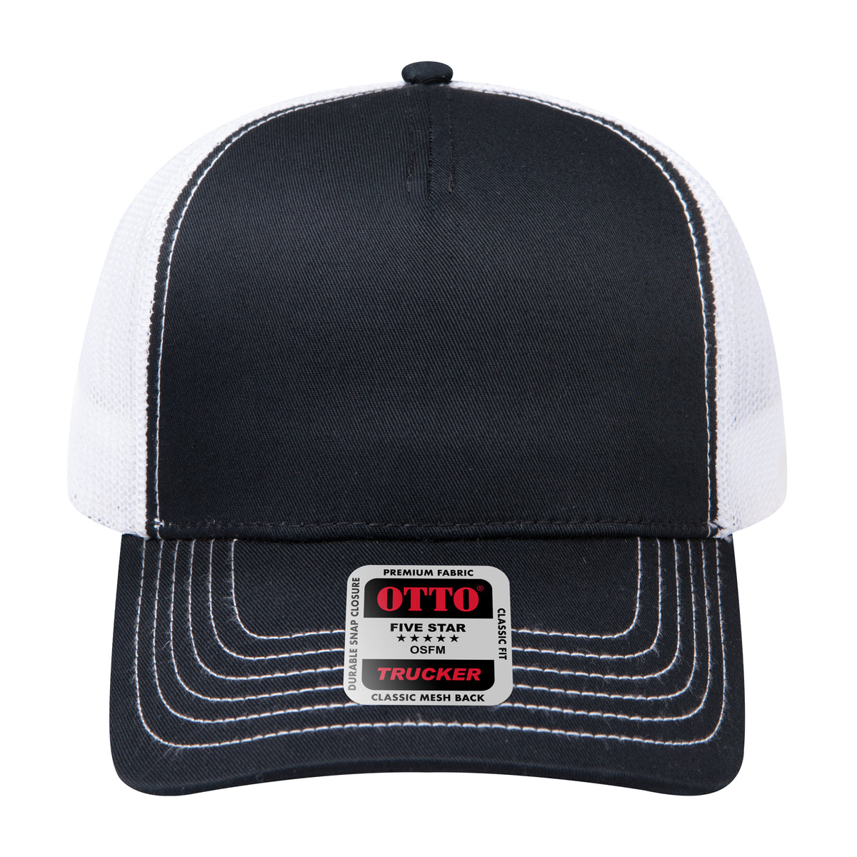 Front View of 030316 - Blk/Blk/Wht OTTO CAP 5 Panel Low Profile Mesh Back Trucker Hat
