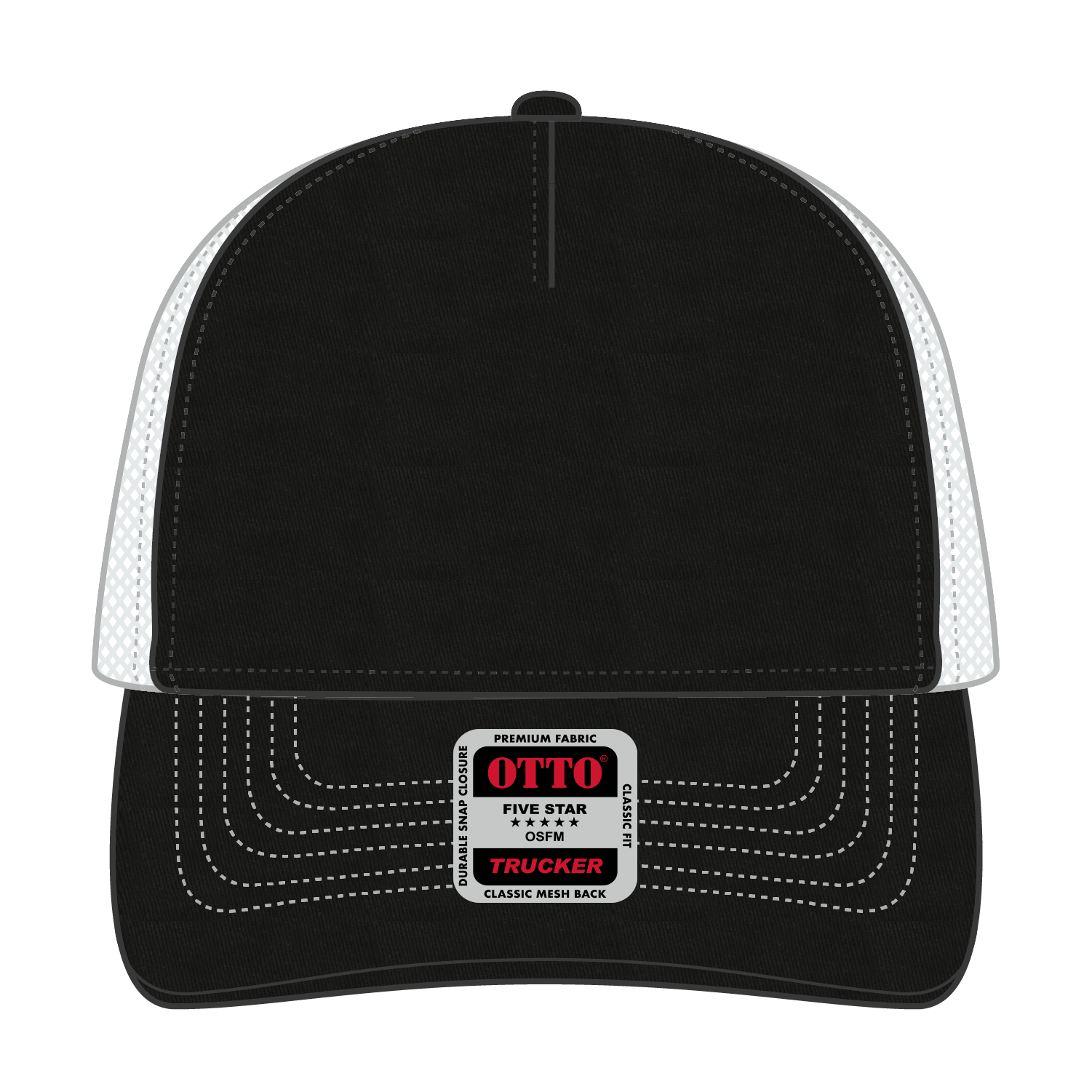 Front View of 030316 - Blk/Blk/Wht OTTO CAP 5 Panel Low Profile Mesh Back Trucker Hat